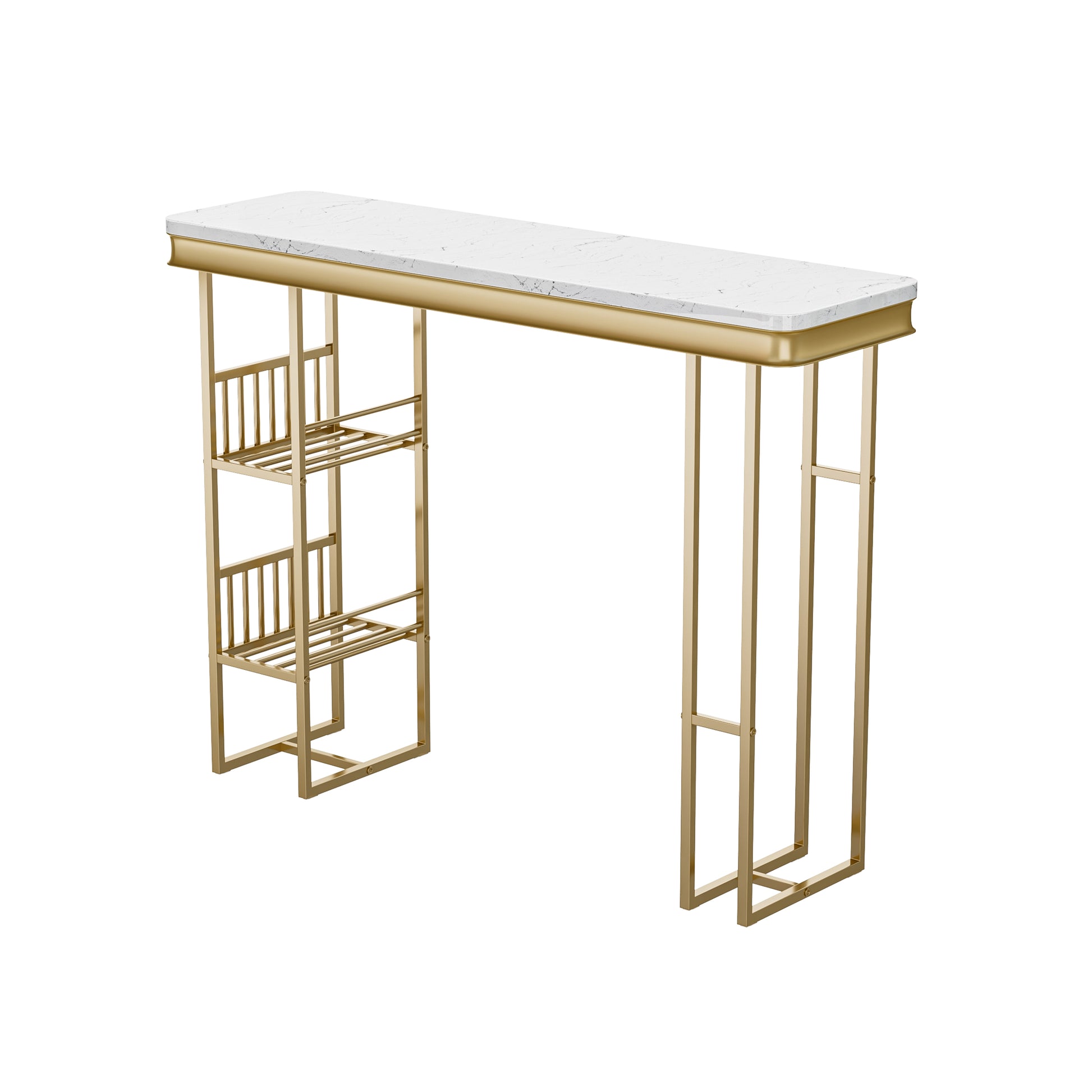 55.1" Modern Straight Bar Table With Shelves In White & Gold White Gold Dining Room Contemporary Floor Mount Rectangular Kitchen & Dining Tables Glossy Rectangular Mdf Metal