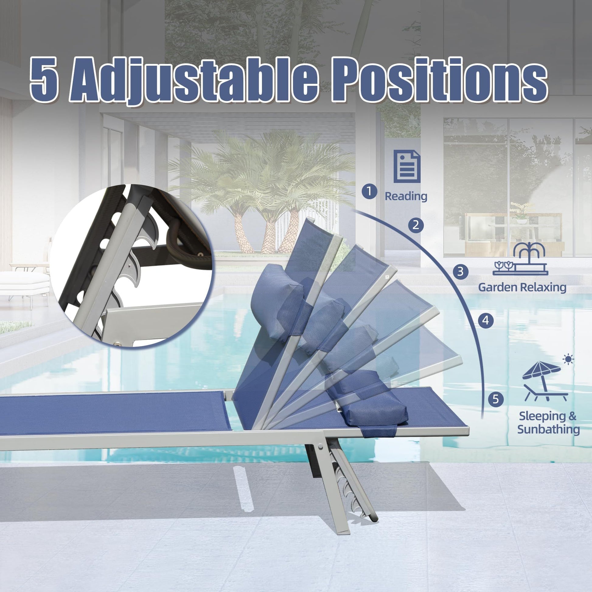 Patio Chaise Lounge Set Of 3, Aluminum Pool Lounge Chairs With Side Table, Outdoor Adjustable Recliner All Weather For Poolside, Beach, Yard, Balcony Navy Blue Navy Blue Aluminum