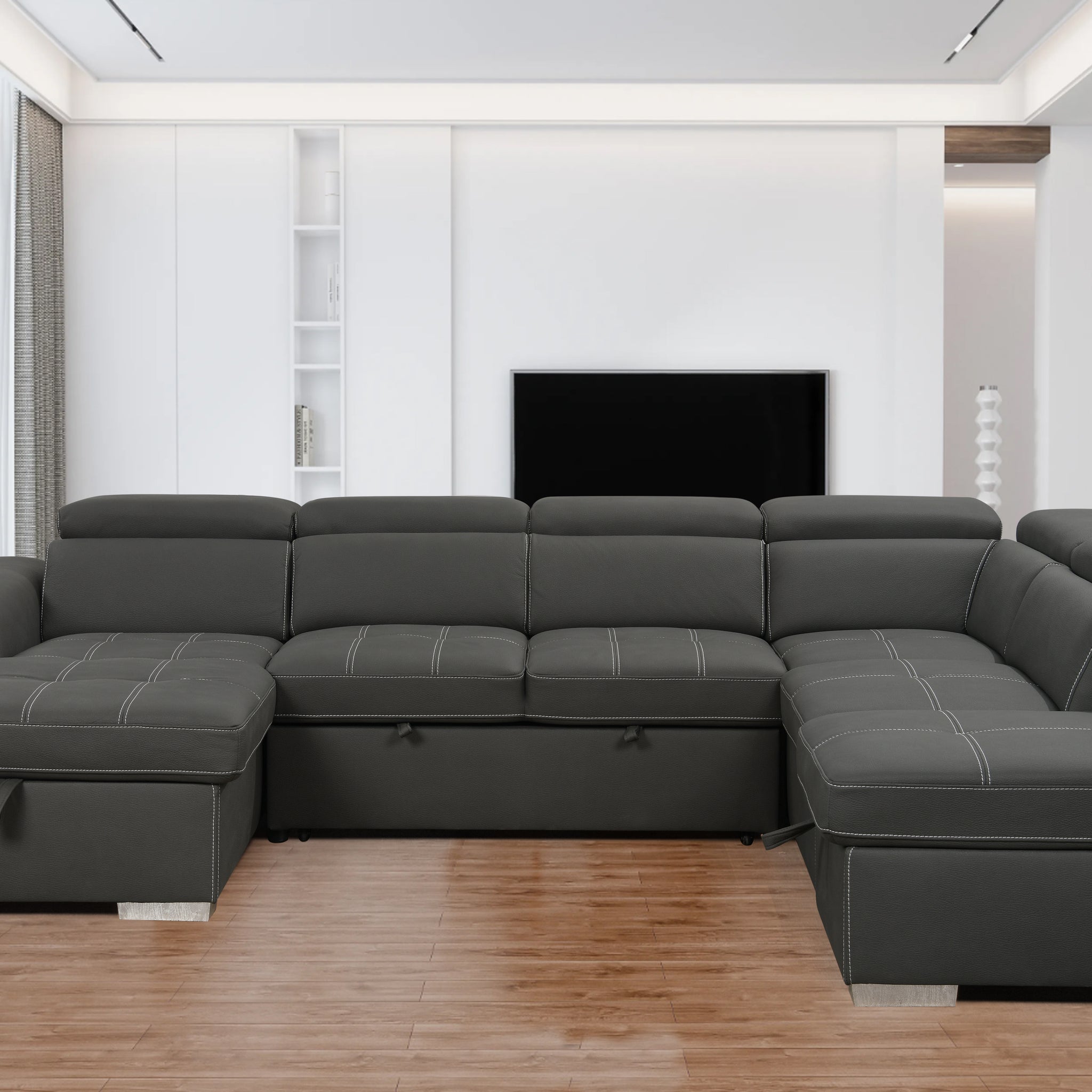 128"Sofa U Shaped Sectional Couch With Ottomans Reversible Modular Sofa 7 Seater Couch With Storage Seat,Living Room Furniture Sofa Sets With Adjustable Headrest, Grey Light Brown Wood Primary Living Space Heavy Duty Eucalyptus 7 Seat Grey Microfiber