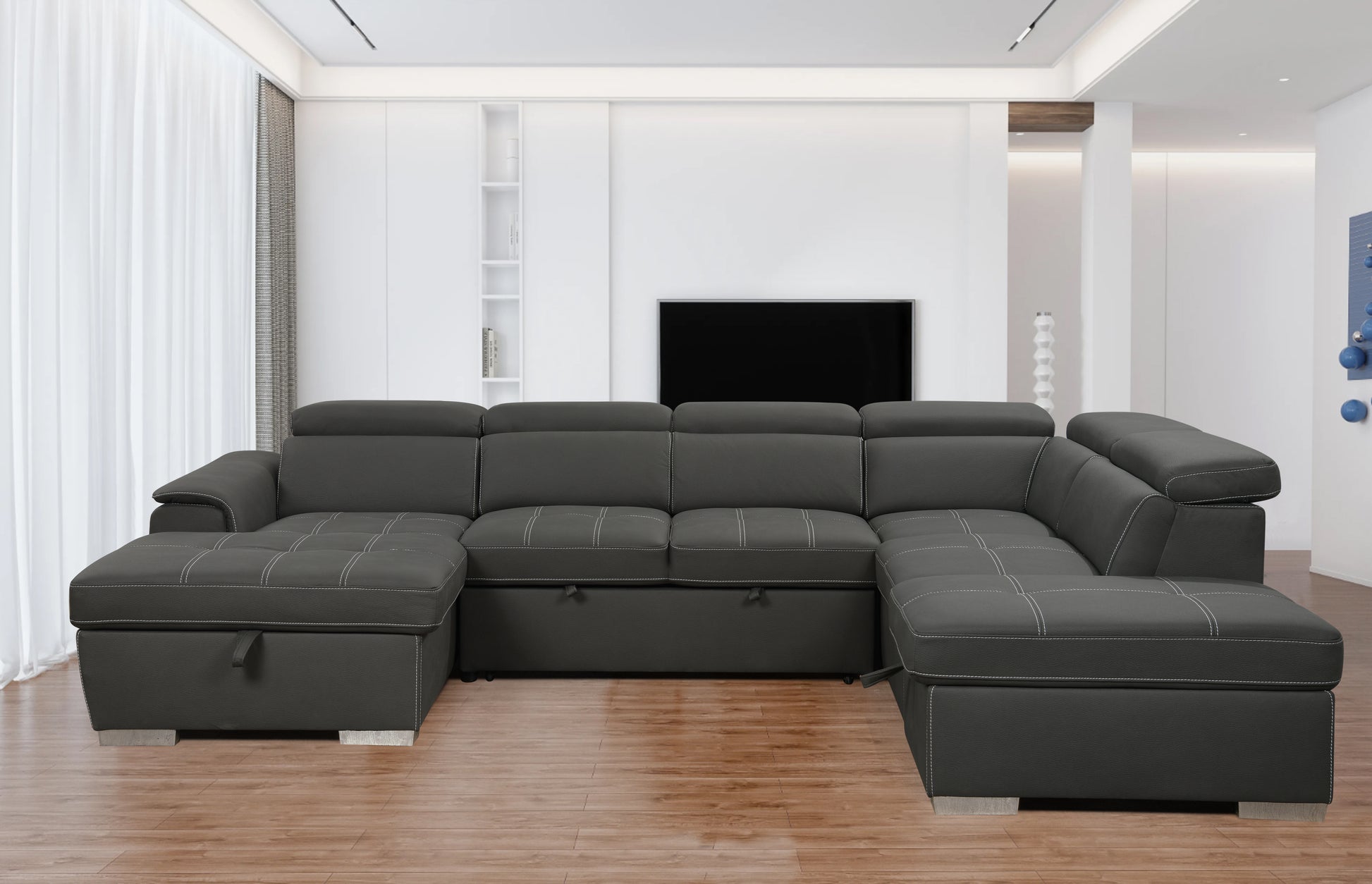 128"Sofa U Shaped Sectional Couch With Ottomans Reversible Modular Sofa 7 Seater Couch With Storage Seat,Living Room Furniture Sofa Sets With Adjustable Headrest, Grey Light Brown Wood Primary Living Space Heavy Duty Eucalyptus 7 Seat Grey Microfiber