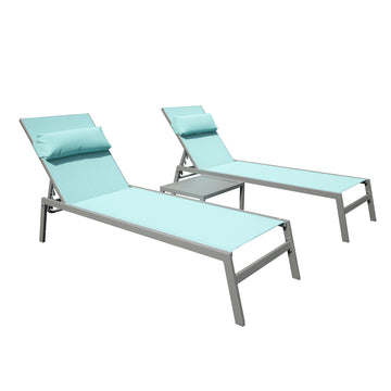 Patio Chaise Lounge Set Of 3, Aluminum Pool Lounge Chairs With Side Table, Outdoor Adjustable Recliner All Weather For Poolside, Beach, Yard, Balcony Lake Blue Lake Blue Aluminum