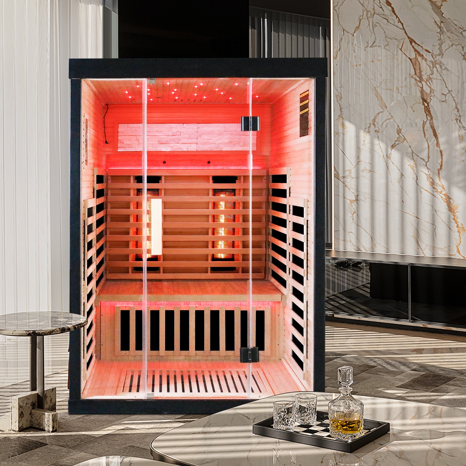 Luxury Double Sauna Room Black Natural Wood Paper Glass