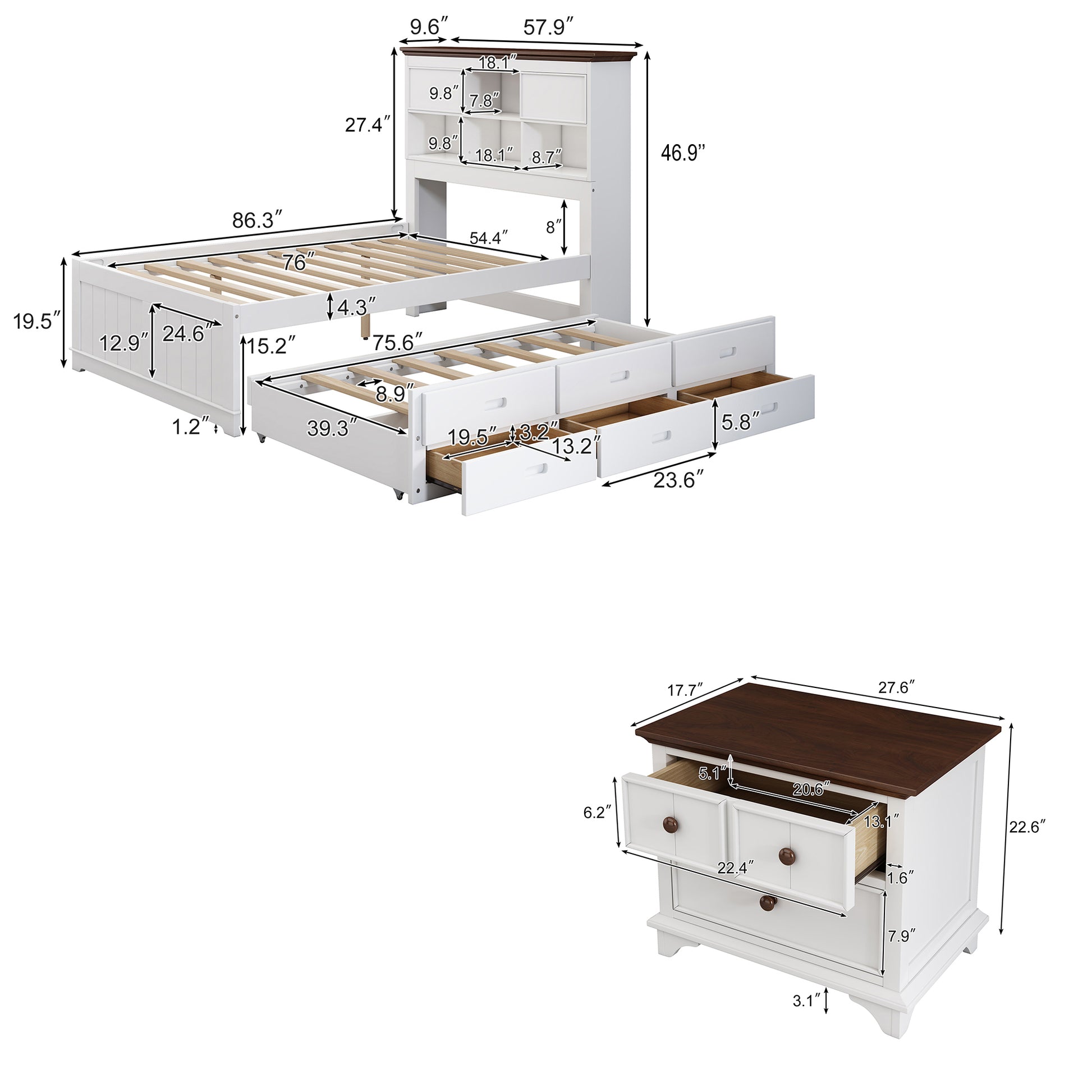 2 Pieces Wooden Captain Bedroom Set Full Bed With Trundle And Nightstand,White Walnut White Walnut Wood
