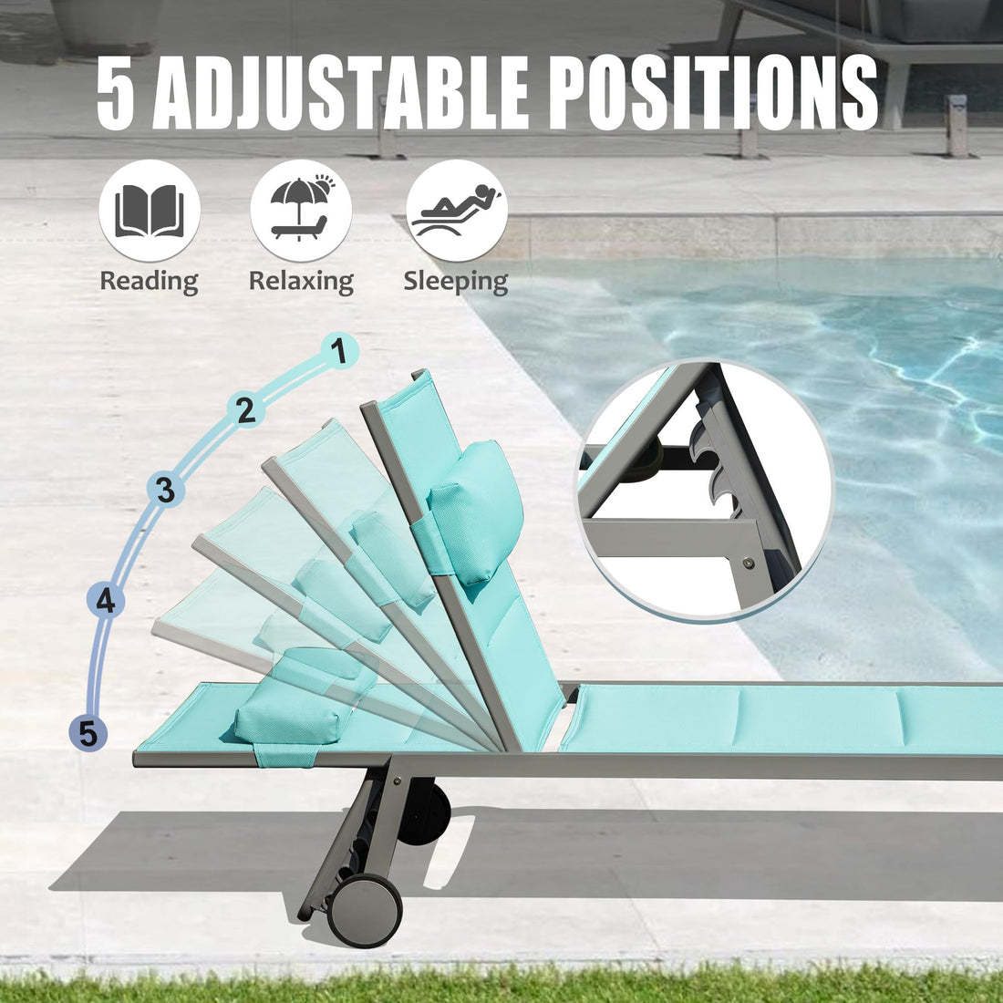 Outdoor Patio Chaise Lounge Set Of 3, Aluminum Pool Lounge Chairs With And Wheels, Textilene Padded Adjustable Recliner All Weather For Poolside, Beach, Yard, Balcony Lake Blue Lake Blue Aluminum