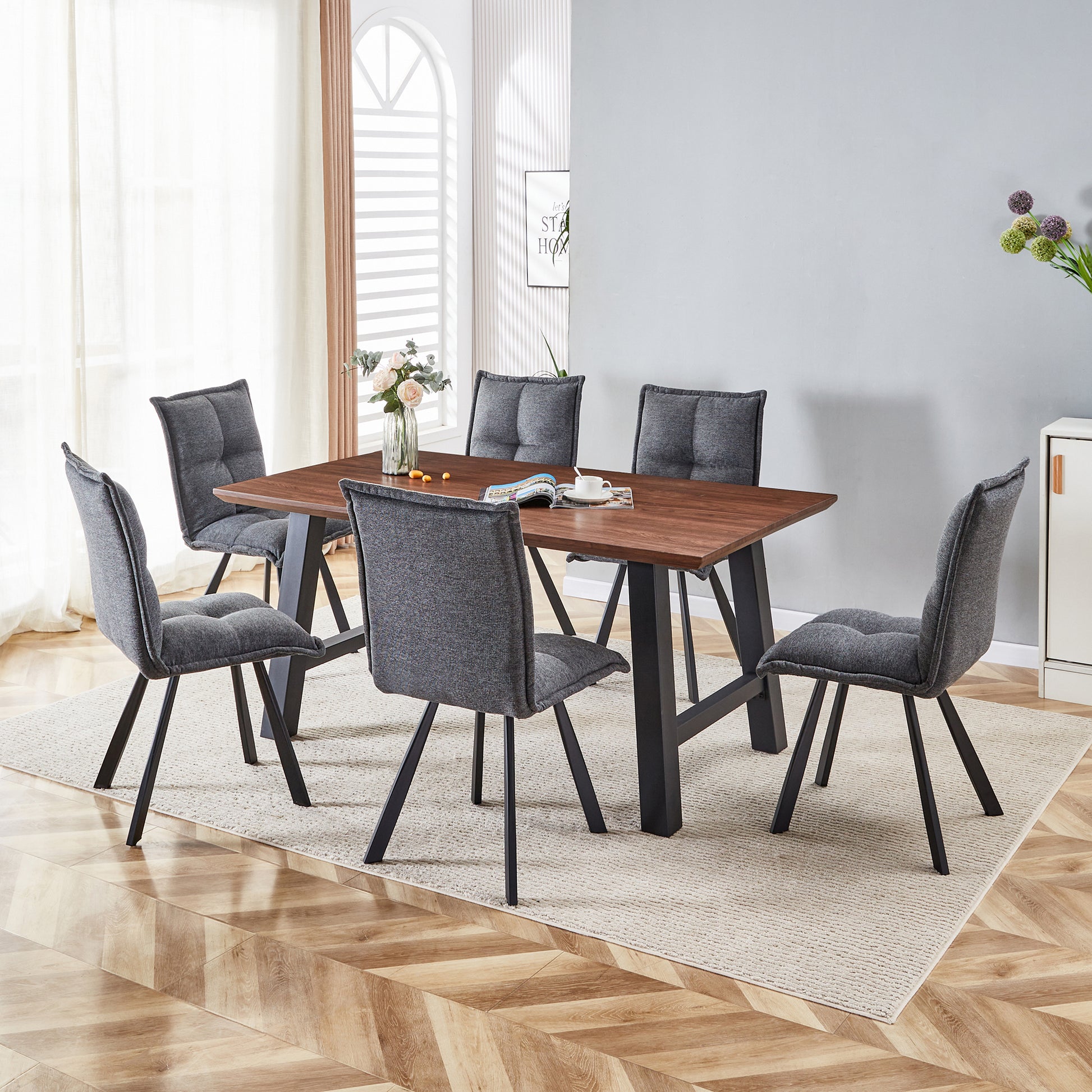 63 Inch Rectangle Dining Table Set For 4 6 People, Walnut Wood Effect, Suitable For Kitchens, Restaurants, And Living Rooms, 63" W X 35.43"D X 30" Dark Oak Dining Room Antique,Modern Kitchen & Dining Tables Mdf Steel