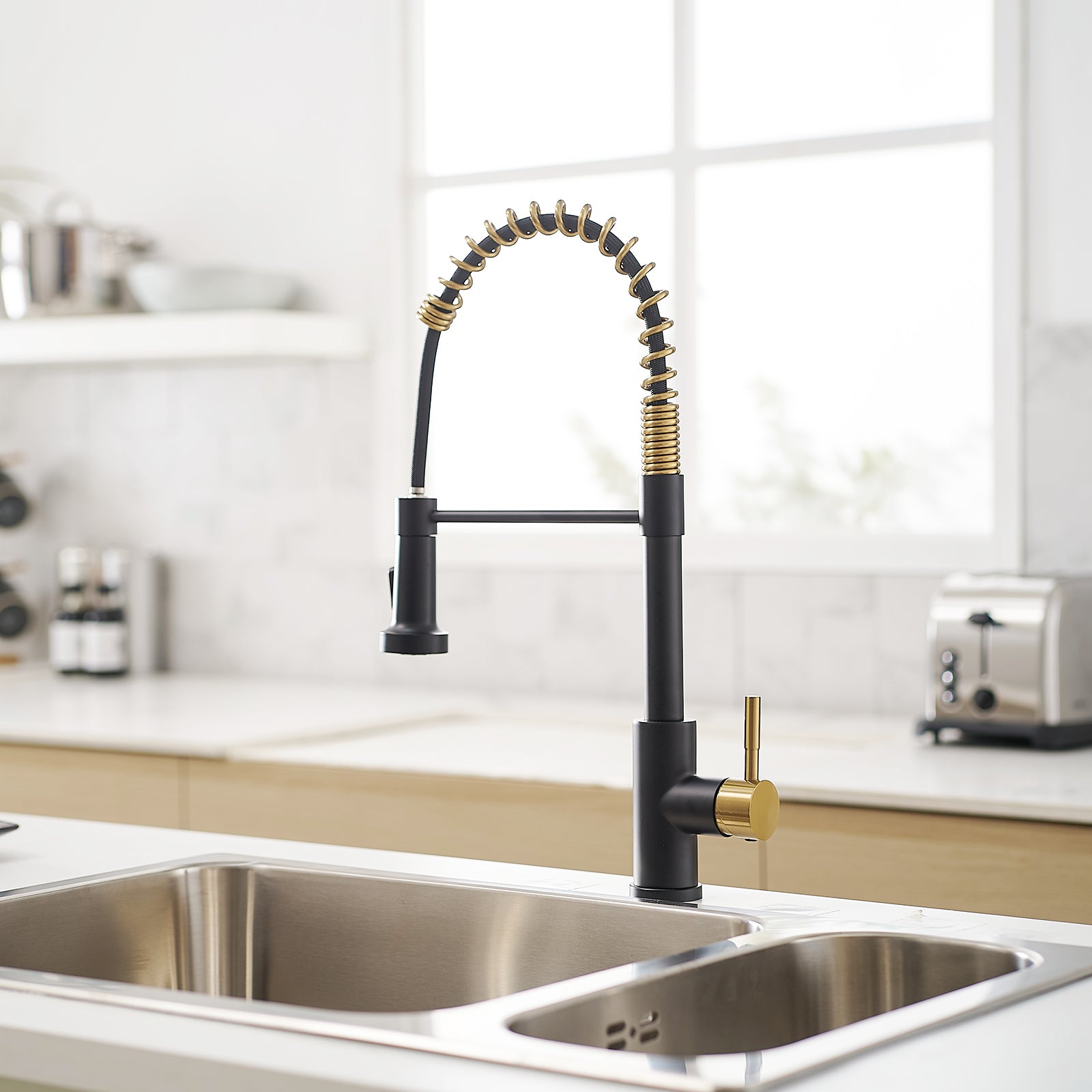 Commercial Black And Nickel Gold Kitchen Faucet With Pull Out Sprayer, Single Handle Single Lever Kitchen Sink Faucet Beige Gold Kitchen Contemporary Ceramic Stainless Steel