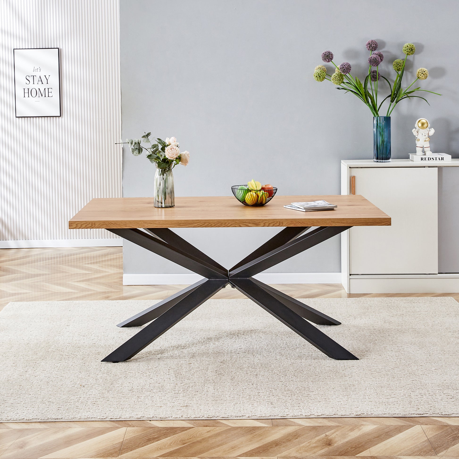 63 Inch, Rectangle Dining Table Set For 4 6 People, Oak Wood Effect, Ideal For Kitchen, Dining, Living, Meeting, Banquet Oak Dining Room Modern Rectangular Kitchen & Dining Tables Mdf Steel