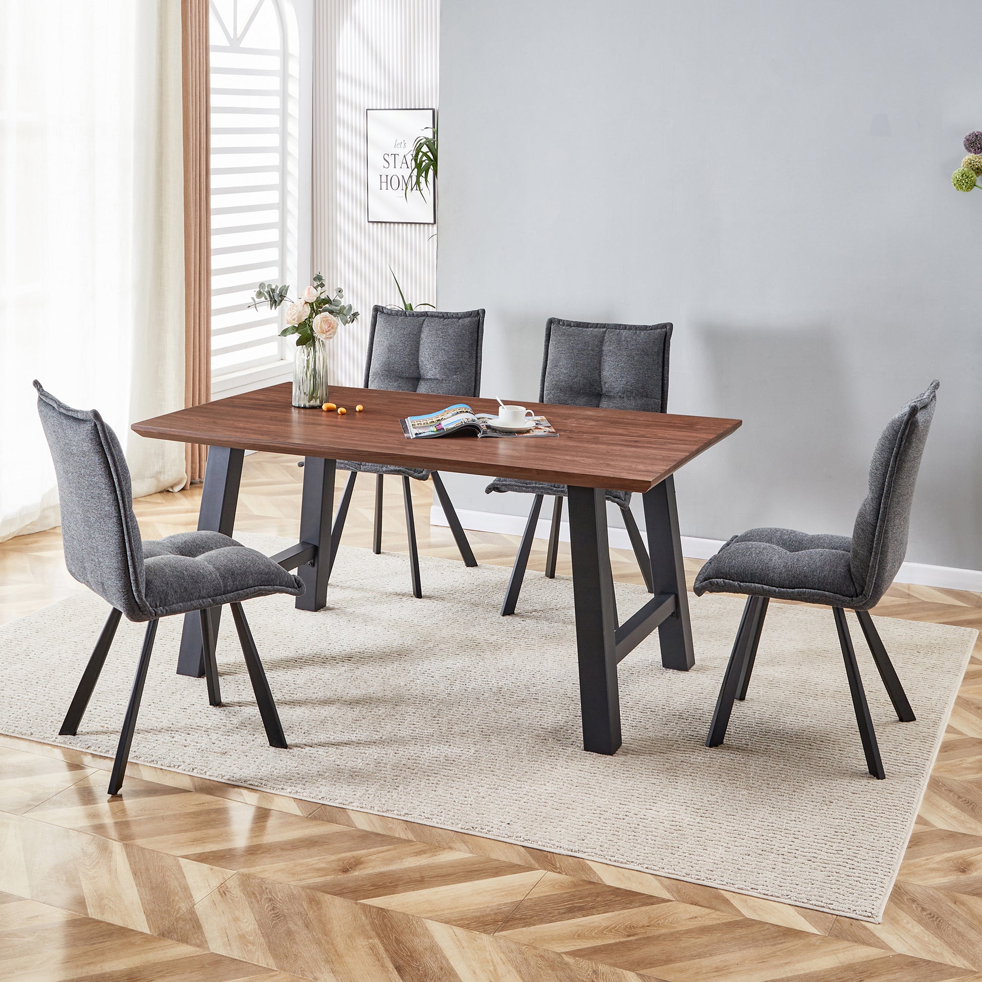 63 Inch Rectangle Dining Table Set For 4 6 People, Walnut Wood Effect, Suitable For Kitchens, Restaurants, And Living Rooms, 63" W X 35.43"D X 30" Dark Oak Dining Room Antique,Modern Kitchen & Dining Tables Mdf Steel