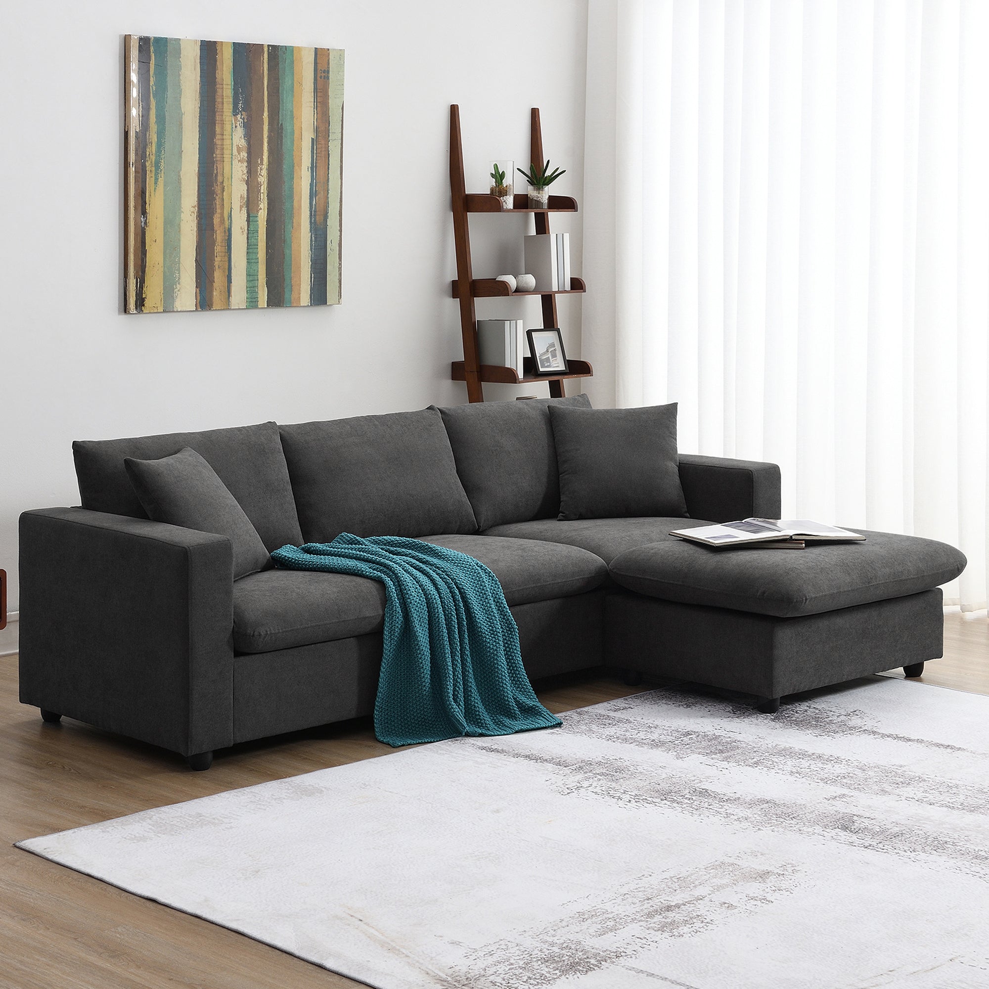 100.4*64.6" Modern Sectional Sofa,L Shaped Couch Set With 2 Free Pillows,4 Seat Polyester Fabric Couch Set With Convertible Ottoman For Living Room, Apartment, Office,4 Colors Dawn Grey Polyester 3 Seat