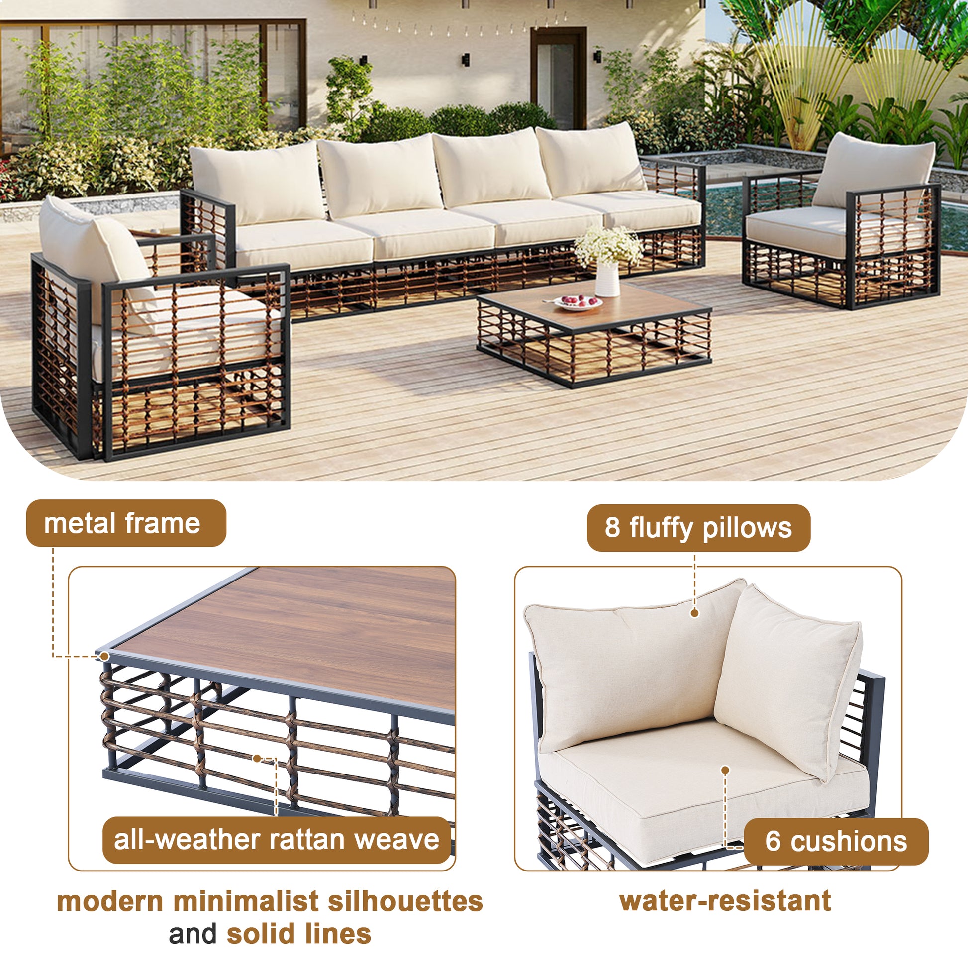 Modern Minimalist 7 Piece Metal Patio Sectional Sofa Set, All Weather Garden Conversational Furniture Set With Thick Cushions And Coffee Table For Indoor Outdoor, Gray Yes Deep Seating White Weather