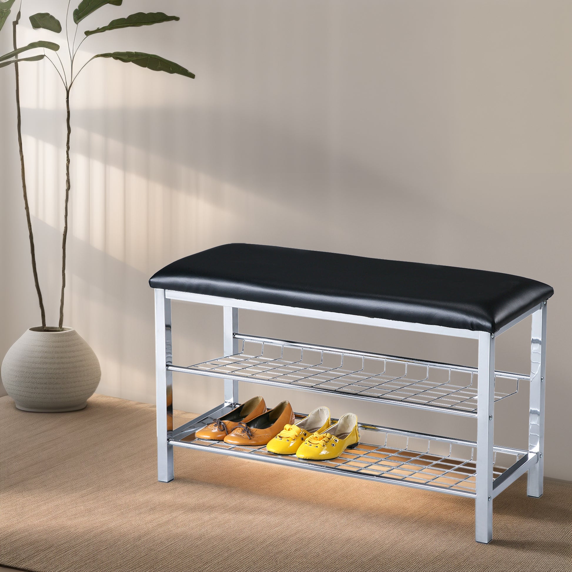 Metal Shoe Bench With Black Faux Leather Seat, Silver Black And Silver Contemporary Metal Fabric Metal
