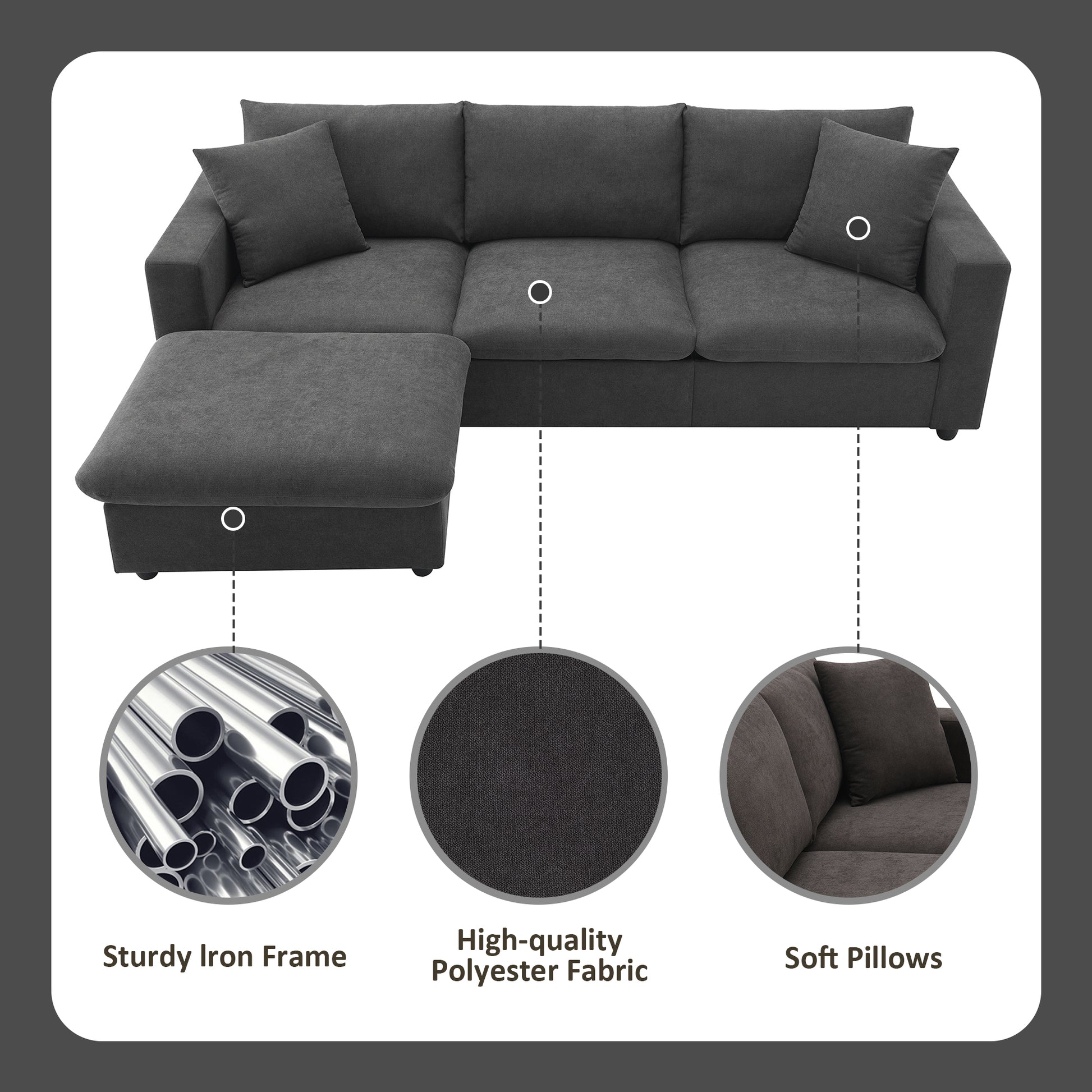 100.4*64.6" Modern Sectional Sofa,L Shaped Couch Set With 2 Free Pillows,4 Seat Polyester Fabric Couch Set With Convertible Ottoman For Living Room, Apartment, Office,4 Colors Dawn Grey Polyester 3 Seat