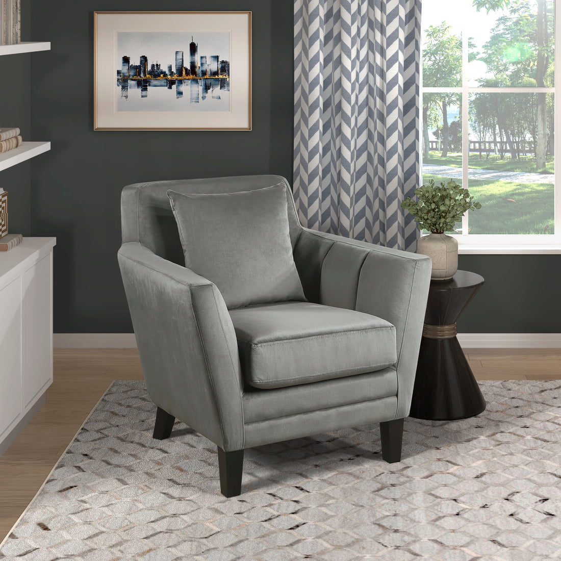 Stylish Home Accent Chair Gray Velvet Upholstery Matching Pillow Solid Wood Furniture Living Room 1Pc Gray Primary Living Space Modern Solid Wood