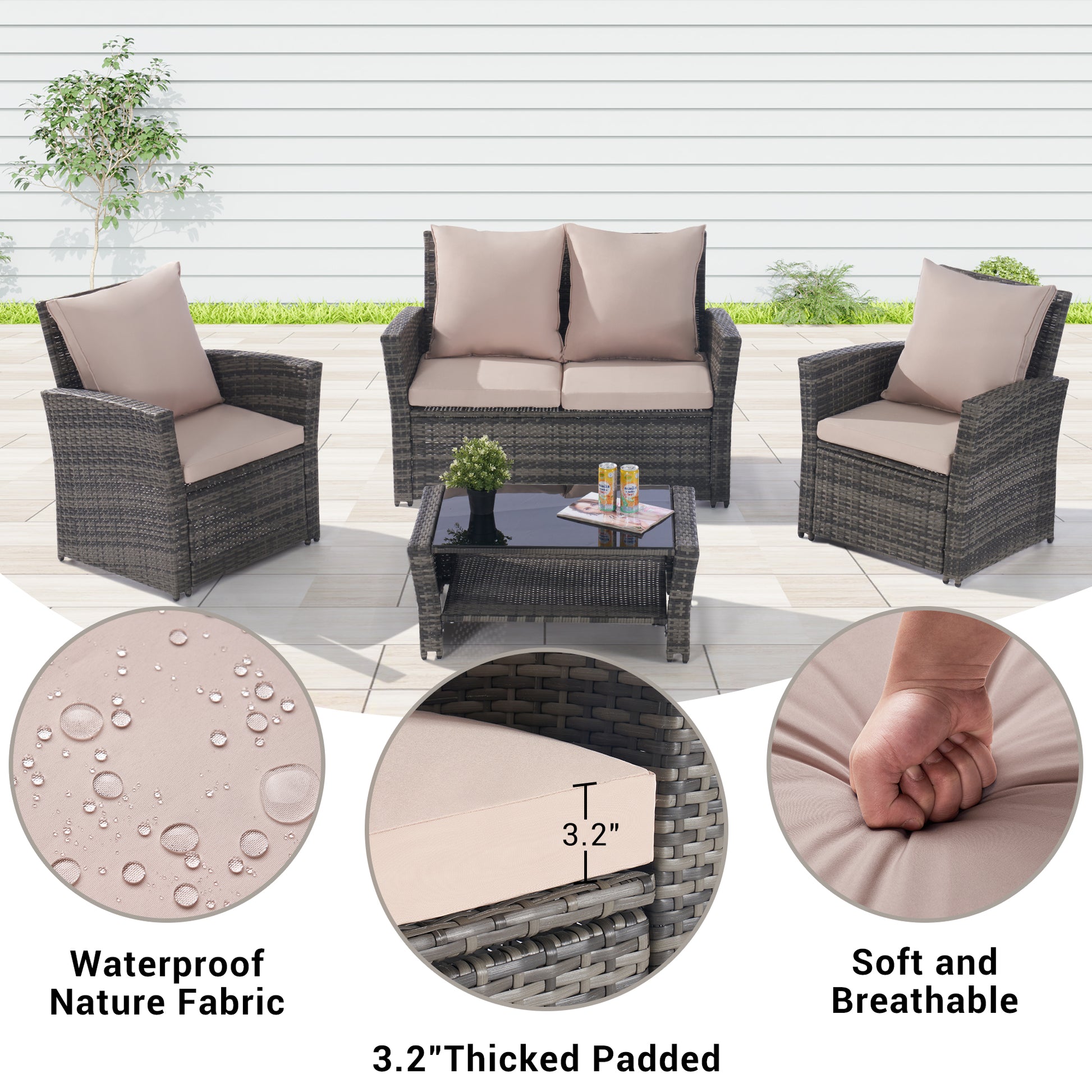 4 Pieces Outdoor Patio Furniture Sets Garden Rattan Chair Wicker Set, Poolside Lawn Chairs With Tempered Glass Coffee Table Porch Furniture, Gray Rattan Sand Color Cushion Yes Complete Patio Set Dark Gray Water Resistant Frame Water Resistant Cushion