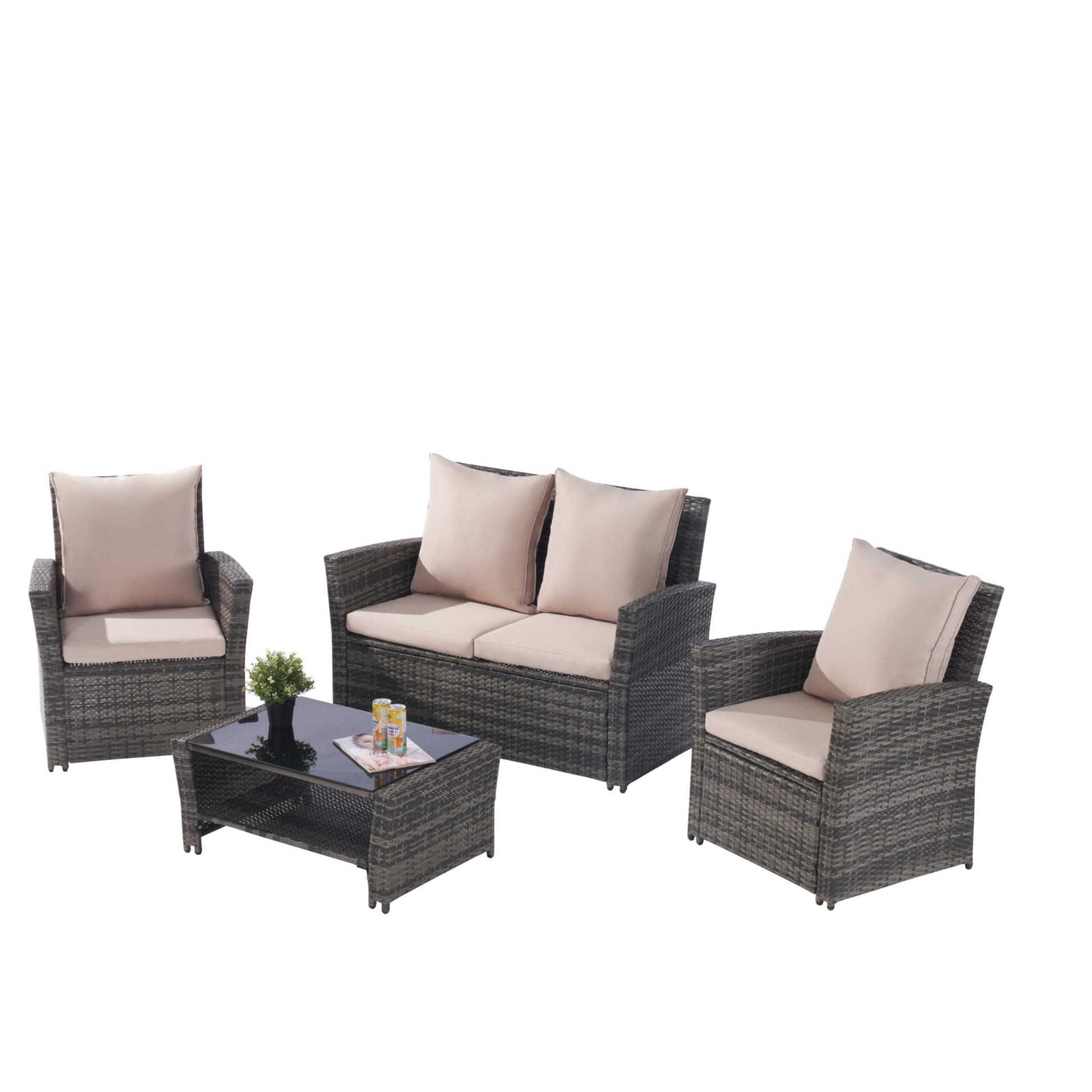 4 Pieces Outdoor Patio Furniture Sets Garden Rattan Chair Wicker Set, Poolside Lawn Chairs With Tempered Glass Coffee Table Porch Furniture, Gray Rattan Sand Color Cushion Yes Complete Patio Set Dark Gray Water Resistant Frame Water Resistant Cushion