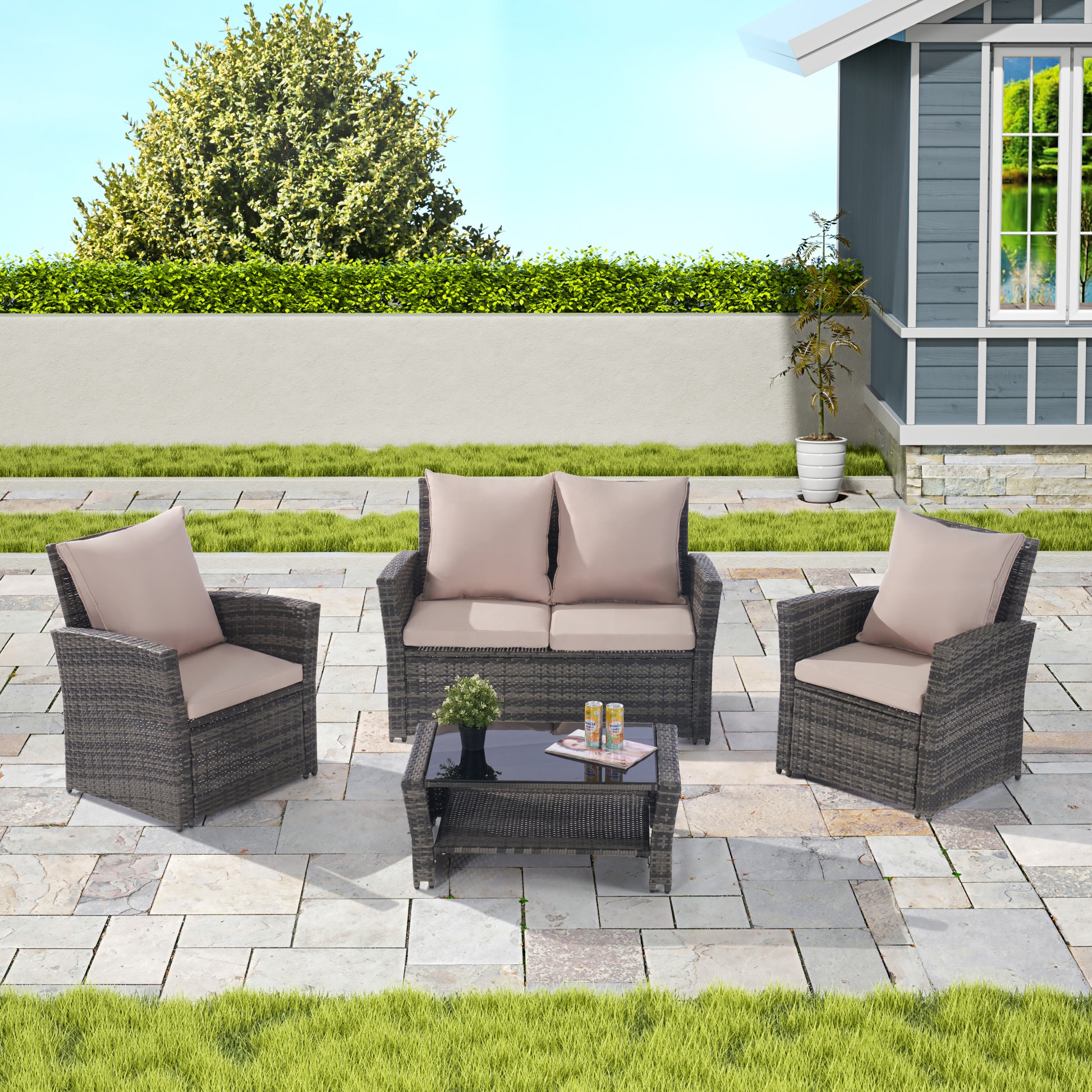 4 Pieces Outdoor Patio Furniture Sets Garden Rattan Chair Wicker Set, Poolside Lawn Chairs With Tempered Glass Coffee Table Porch Furniture, Gray Rattan Sand Color Cushion Yes Complete Patio Set Dark Gray Water Resistant Frame Water Resistant Cushion