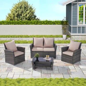 4 Pieces Outdoor Patio Furniture Sets Garden Rattan Chair Wicker Set, Poolside Lawn Chairs With Tempered Glass Coffee Table Porch Furniture, Gray Rattan Sand Color Cushion Yes Complete Patio Set Dark Gray Water Resistant Frame Water Resistant Cushion