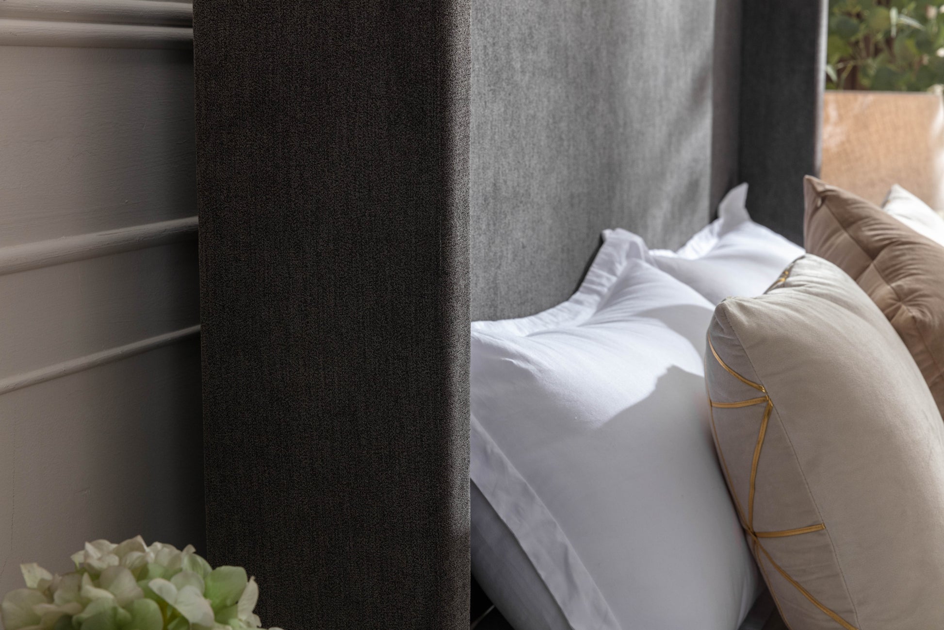 Harper Tall Headboard Upholstered Bed 54" High Headboard Elegant Simplicity No Box Spring Needed Easy Assembly Queen Dark Gray Velvet Box Spring Not Required Queen Dark Gray Metal Brown Bedroom Contemporary Oak Bed Frame Foam Velvet Fabric Metal