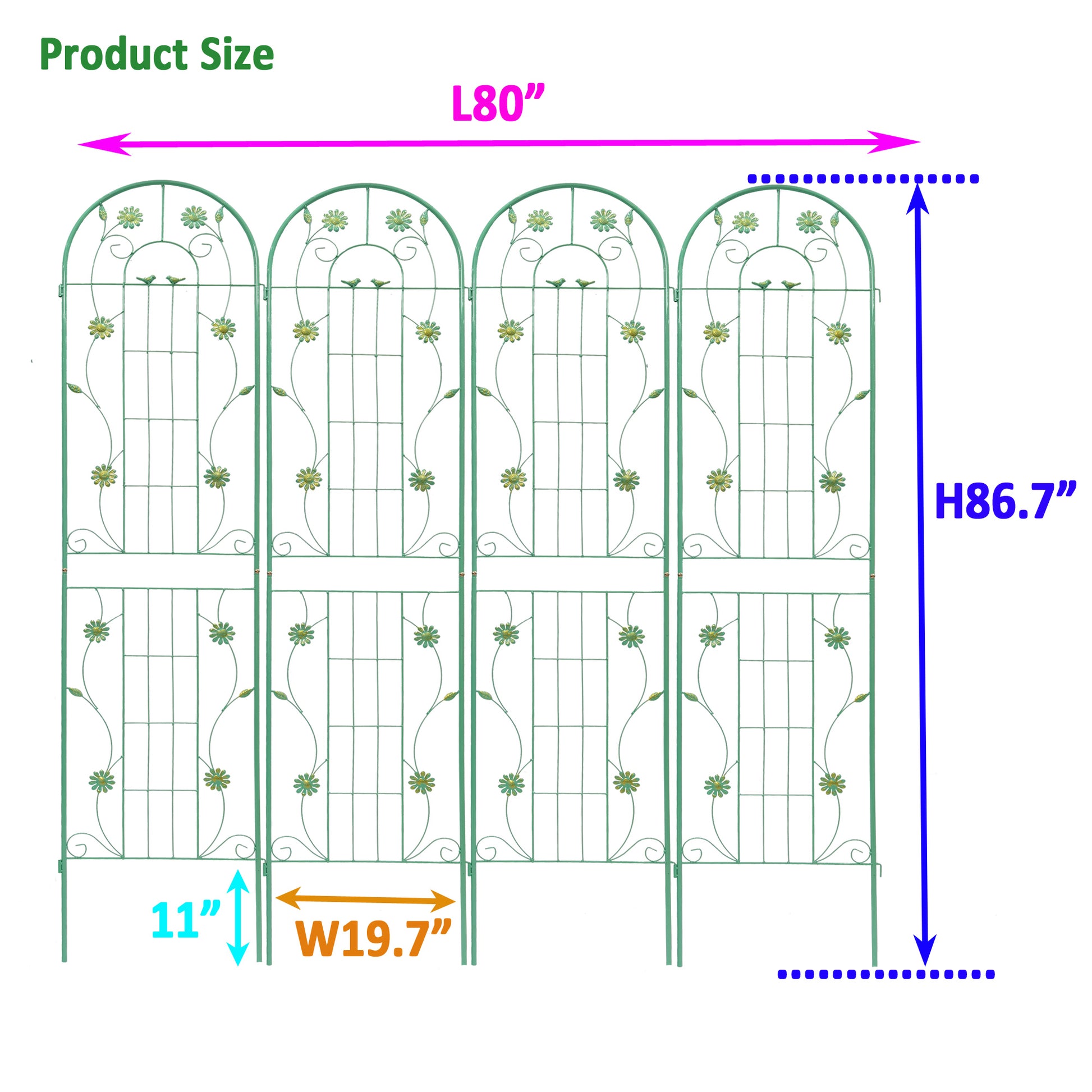 4 Pack Green Metal Garden Trellis For Climbing Plants Outdoor Rustproof Plant Support Rose Garden Fence Netting 86.7''H, T0052G 4 Green Iron