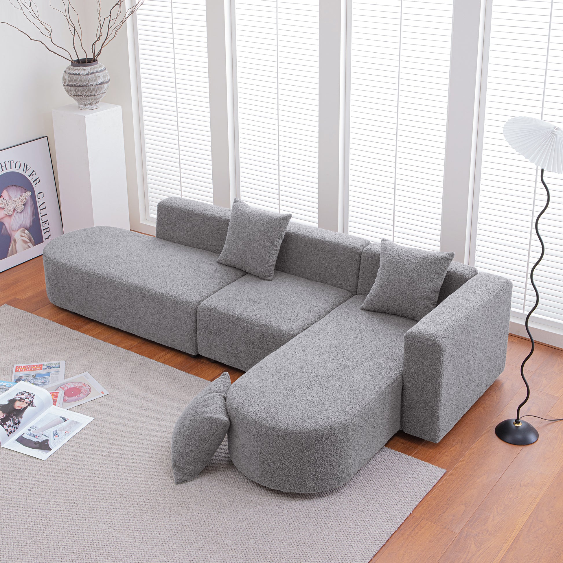 Modern L Shape Boucle Sofa With Curved Seat Facing Right Gray Modern Boucle