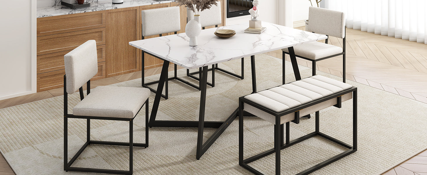 Modern Faux Marble 6 Piece Dining Table Set,60Inch Metal Kitchen Table Set With Upholstered Dining Chairs And Bench, Black Metal Dining Room Bench Seating Rectangular Dining Table With Chair And Bench Metal Wood Black Seats 6 60 Inches Farmhouse Trestle