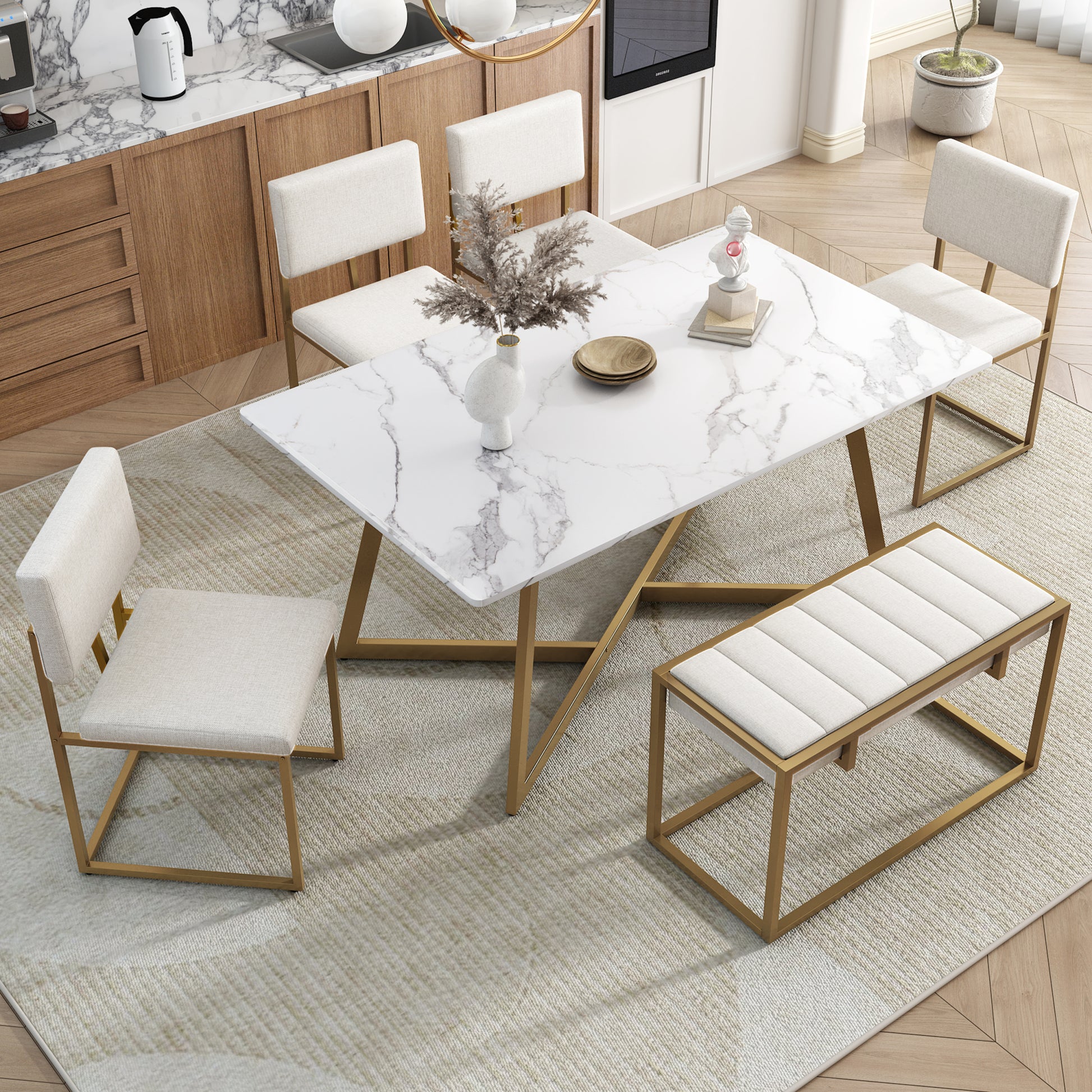 Modern Faux Marble 6 Piece Dining Table Set,60Inch Metal Kitchen Table Set With Upholstered Dining Chairs And Bench, Golden Metal Dining Room Bench Seating Rectangular Dining Table With Chair And Bench Metal Wood Golden Seats 6 60 Inches Farmhouse