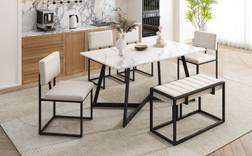 Modern Faux Marble 6 Piece Dining Table Set,60Inch Metal Kitchen Table Set With Upholstered Dining Chairs And Bench, Black Metal Dining Room Bench Seating Rectangular Dining Table With Chair And Bench Metal Wood Black Seats 6 60 Inches Farmhouse Trestle