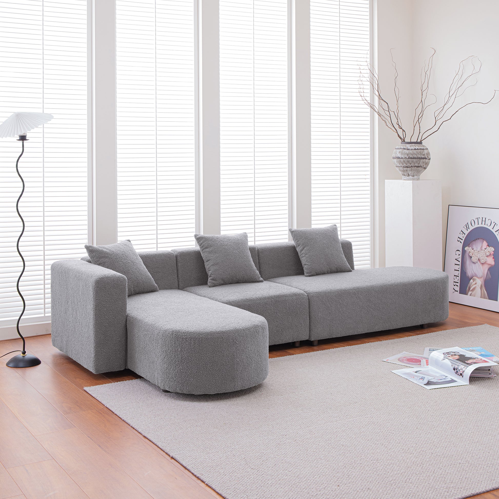 Modern L Shape Boucle Sofa With Curved Seat Facing Left Gray Modern Boucle