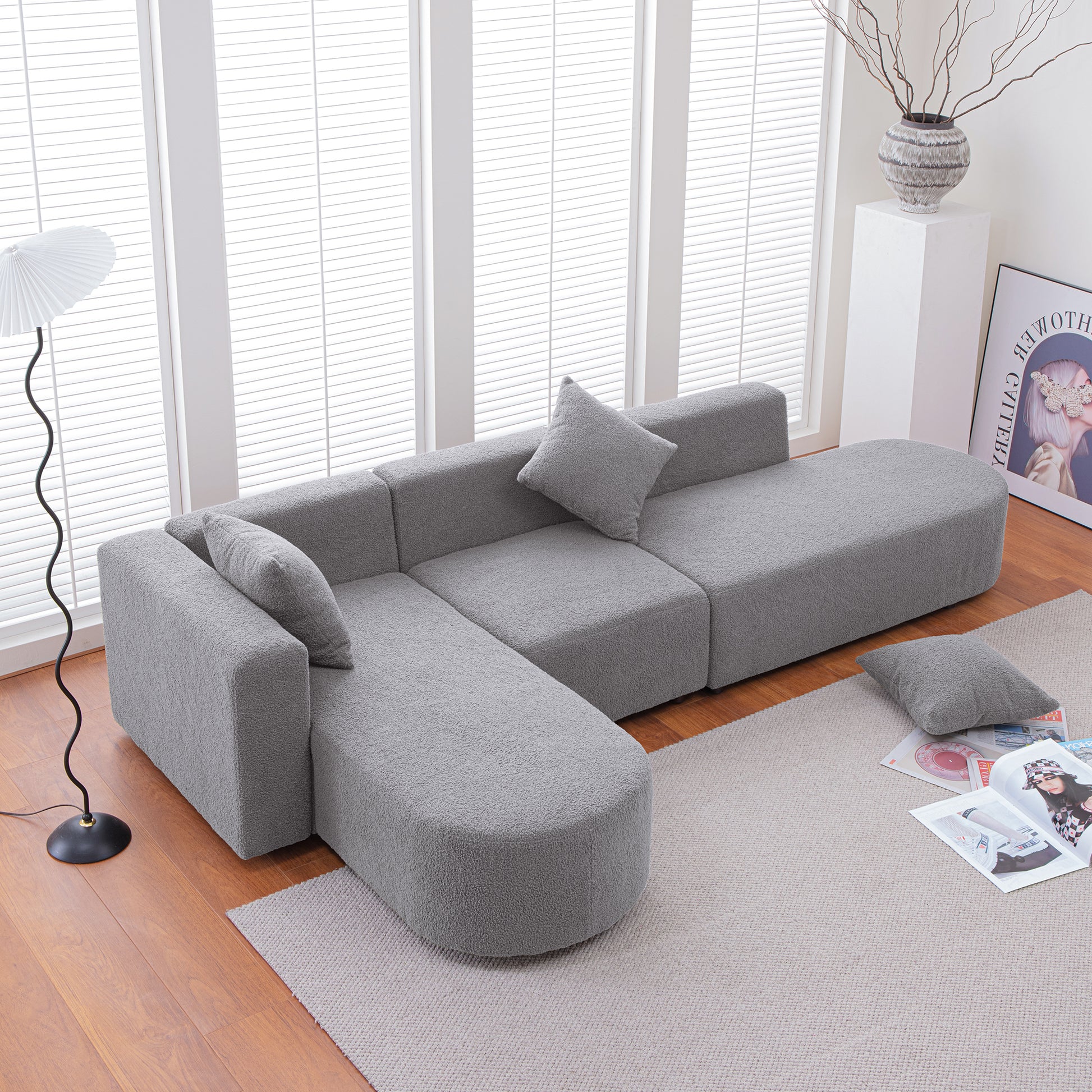 Modern L Shape Boucle Sofa With Curved Seat Facing Left Gray Modern Boucle