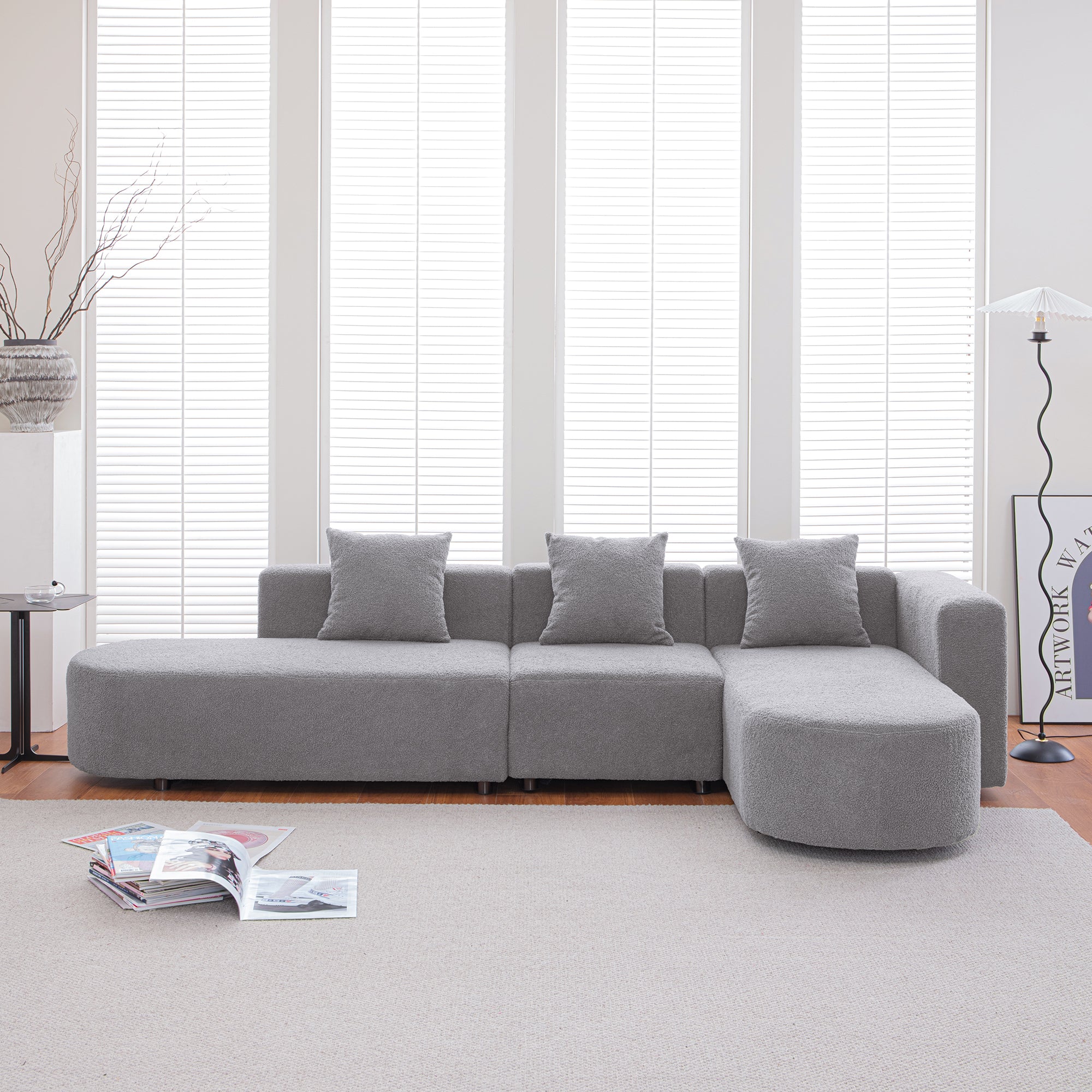 Modern L Shape Boucle Sofa With Curved Seat Facing Right Gray Modern Boucle
