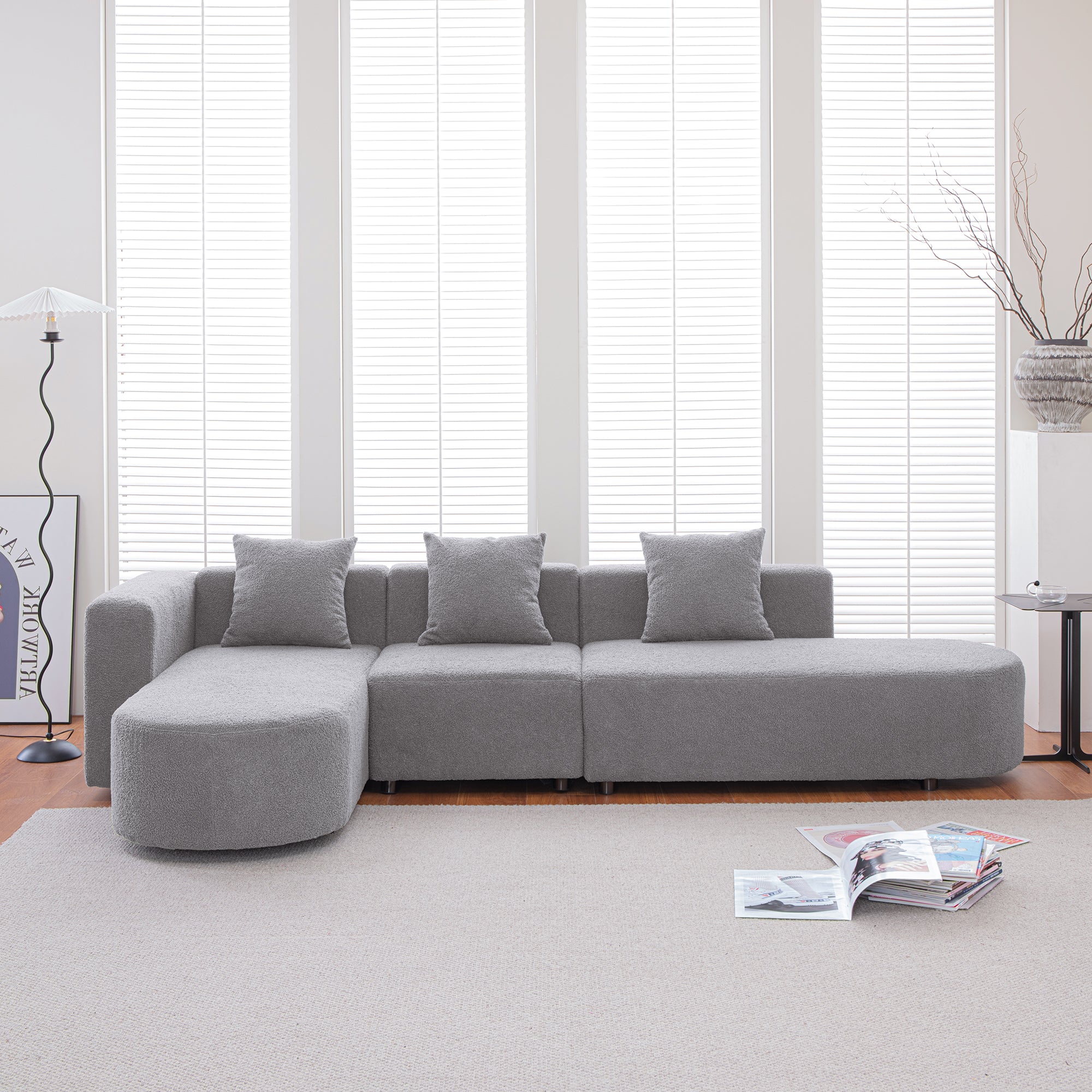 Modern L Shape Boucle Sofa With Curved Seat Facing Left Gray Modern Boucle