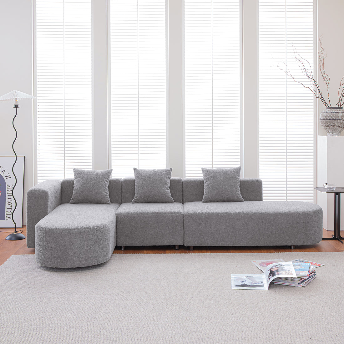 Modern L Shape Boucle Sofa With Curved Seat Facing Left Gray Modern Boucle