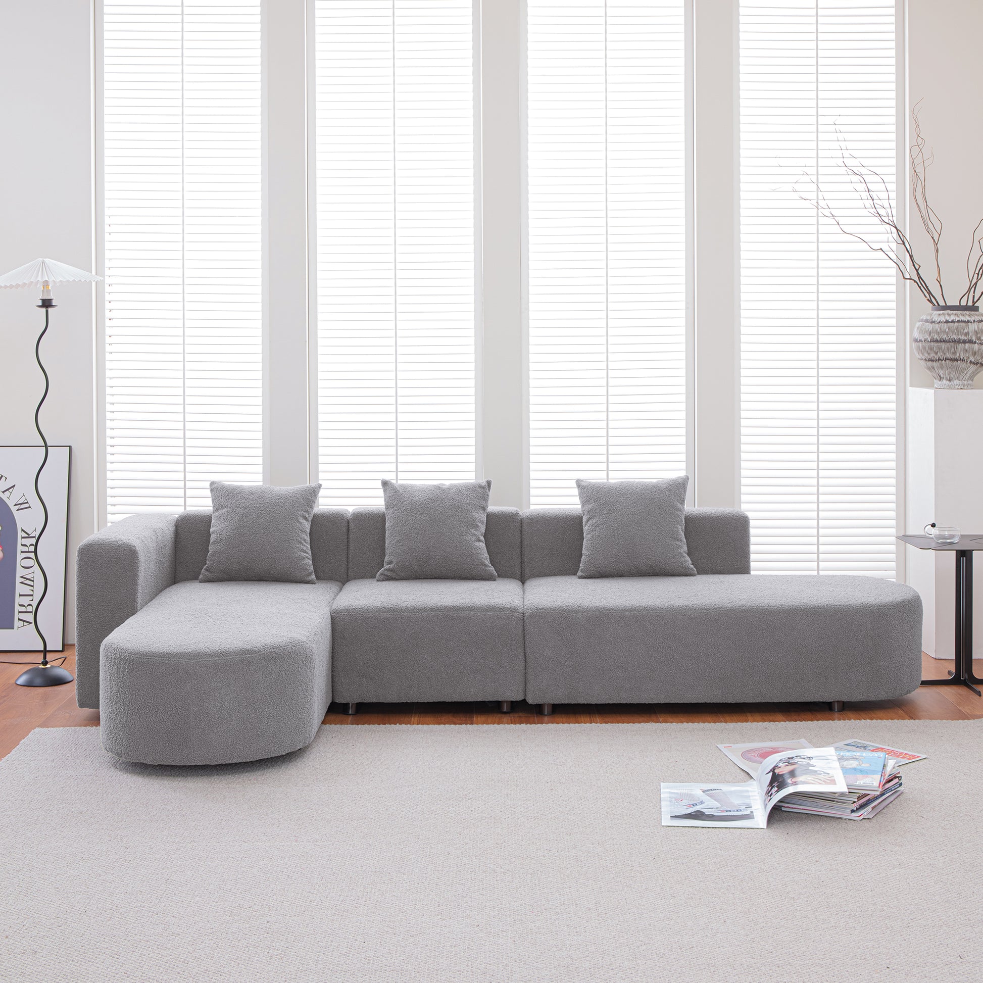 Modern L Shape Boucle Sofa With Curved Seat Facing Left Gray Modern Boucle
