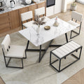Modern Faux Marble 6 Piece Dining Table Set,60Inch Metal Kitchen Table Set With Upholstered Dining Chairs And Bench, Black Metal Dining Room Bench Seating Rectangular Dining Table With Chair And Bench Metal Wood Black Seats 6 60 Inches Farmhouse Trestle