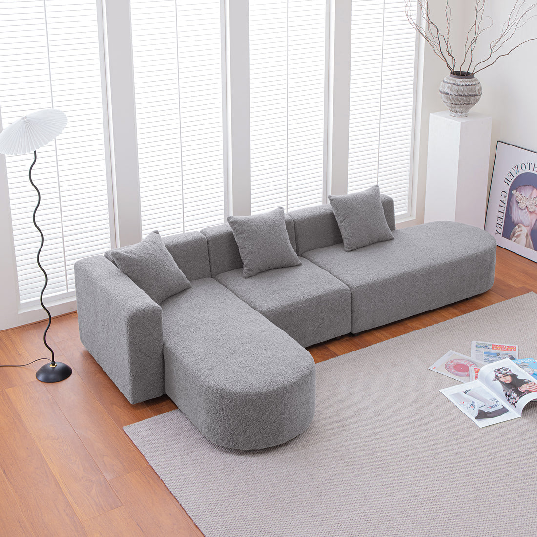 Modern L Shape Boucle Sofa With Curved Seat Facing Left Gray Modern Boucle