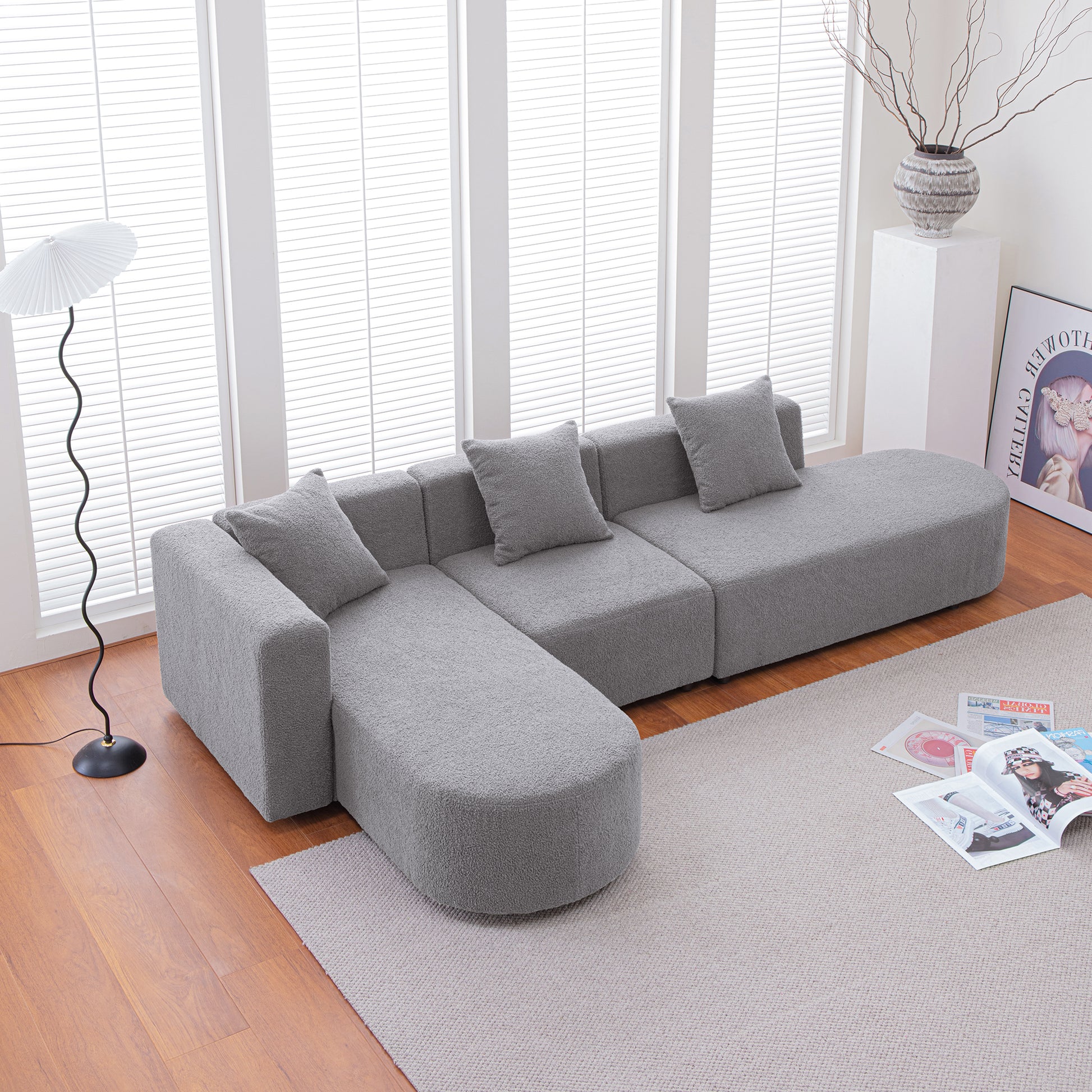 Modern L Shape Boucle Sofa With Curved Seat Facing Left Gray Modern Boucle