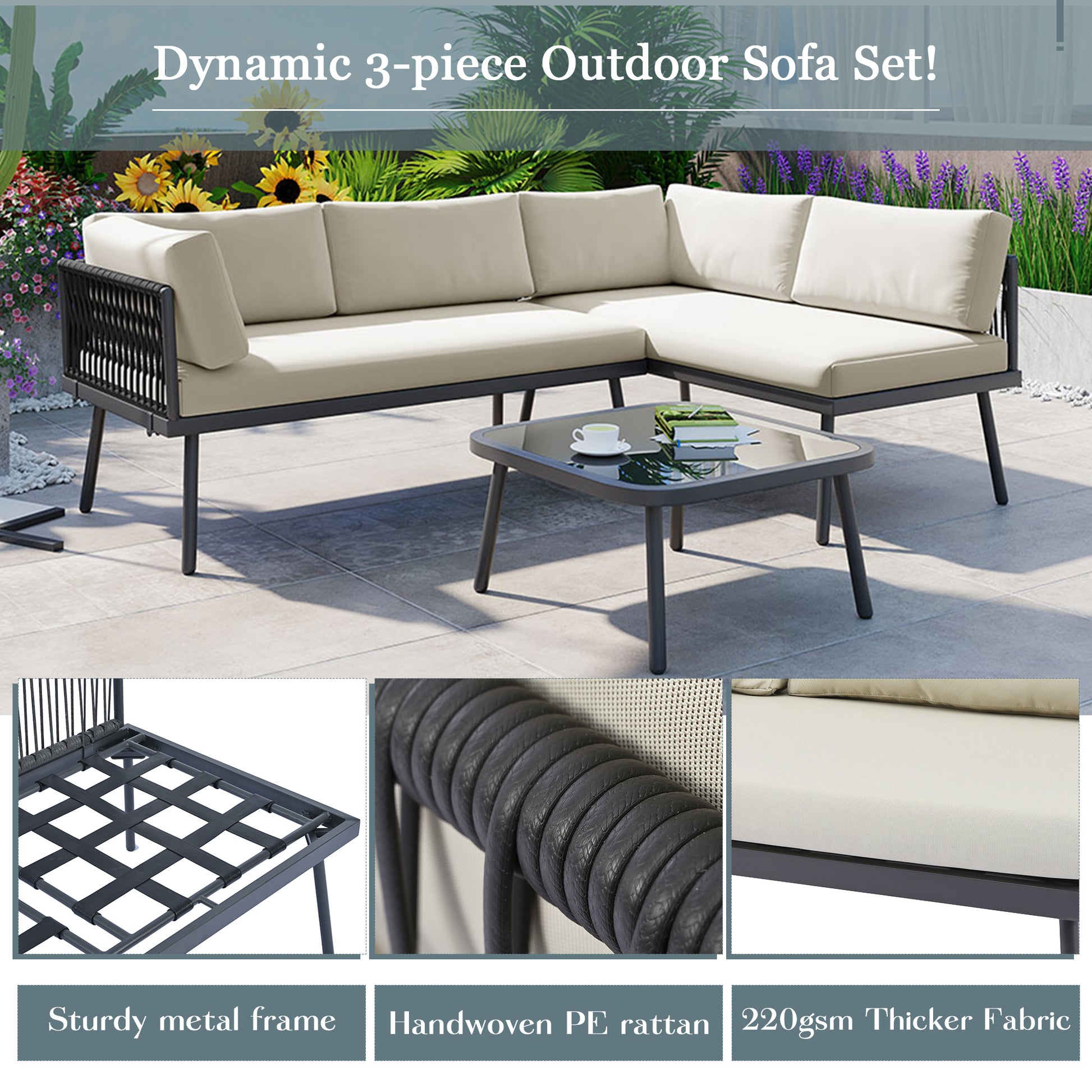Modern Outdoor 3 Piece Pe Rattan Sofa Set All Weather Patio Metal Sectional Furniture Set With Cushions And Glass Table For Backyard, Poolside, Garden,Black,L Shaped Yes Sectional Black Seats 4 Weather Resistant Frame Water Resistant Cushion Garden &