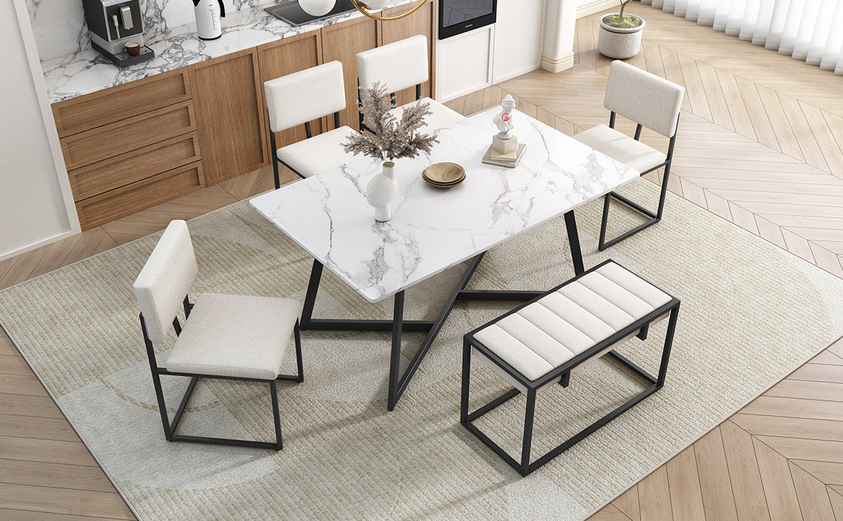 Modern Faux Marble 6 Piece Dining Table Set,60Inch Metal Kitchen Table Set With Upholstered Dining Chairs And Bench, Black Metal Dining Room Bench Seating Rectangular Dining Table With Chair And Bench Metal Wood Black Seats 6 60 Inches Farmhouse Trestle