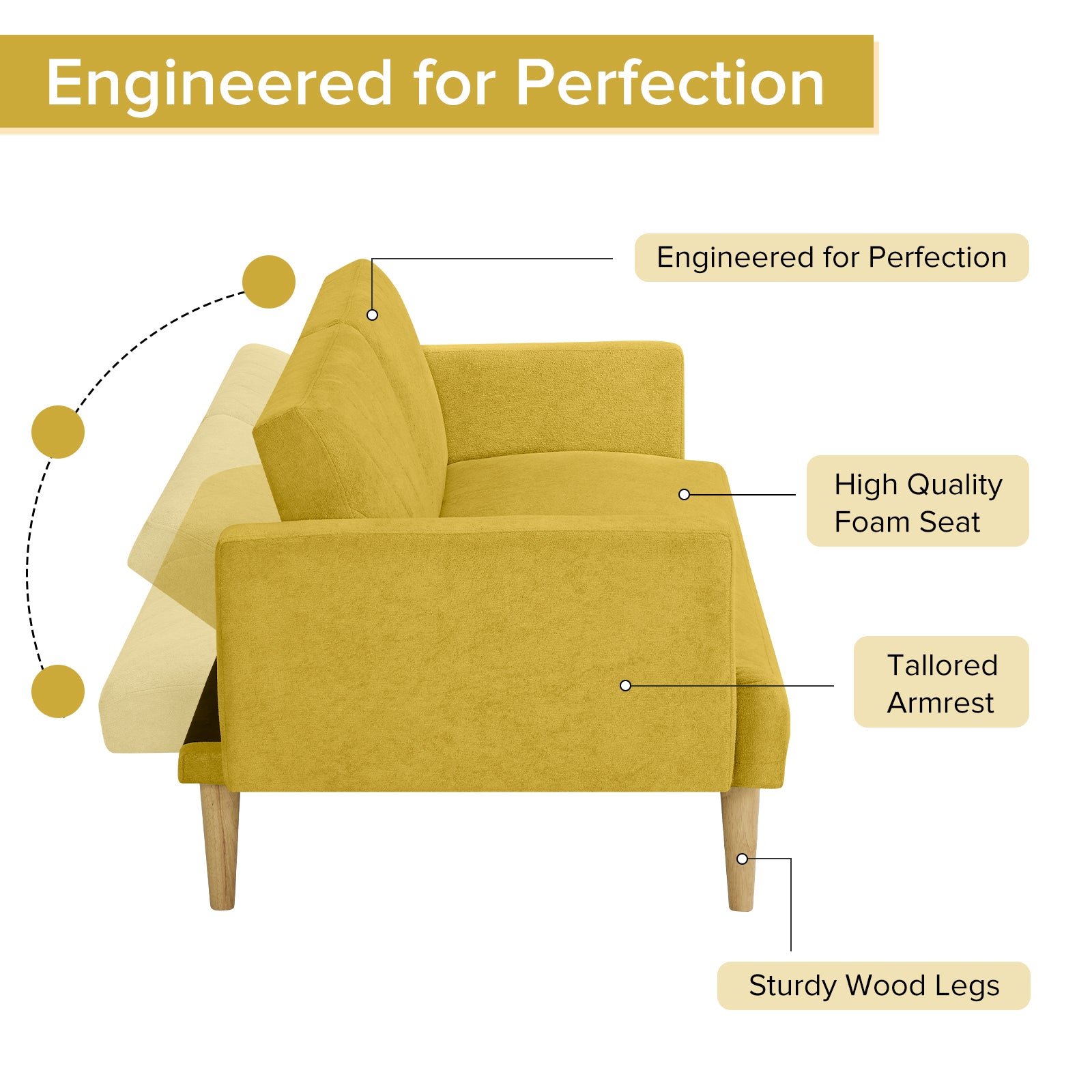 Multi Functional Futon Sofa Bed :Tapered Wood Legs Ideal For Small Living Rooms Multi Color Fabric Options Easily Converts To Single Bed, Yellow Yellow Velvet Wood Primary Living Space Medium Soft Mid Century Modern Square Arms Memory Foam Snowflake