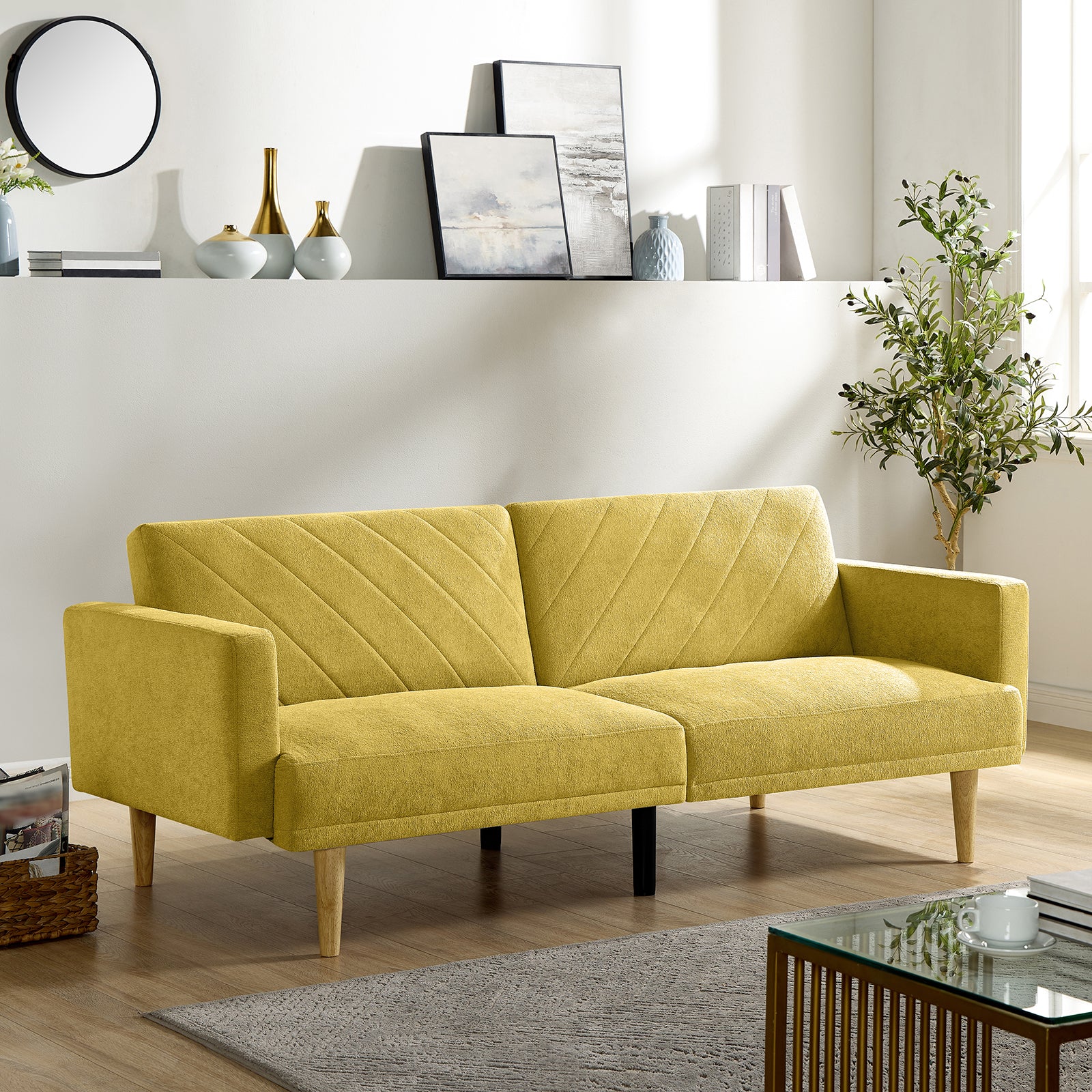 Multi Functional Futon Sofa Bed :Tapered Wood Legs Ideal For Small Living Rooms Multi Color Fabric Options Easily Converts To Single Bed, Yellow Yellow Velvet Wood Primary Living Space Medium Soft Mid Century Modern Square Arms Memory Foam Snowflake