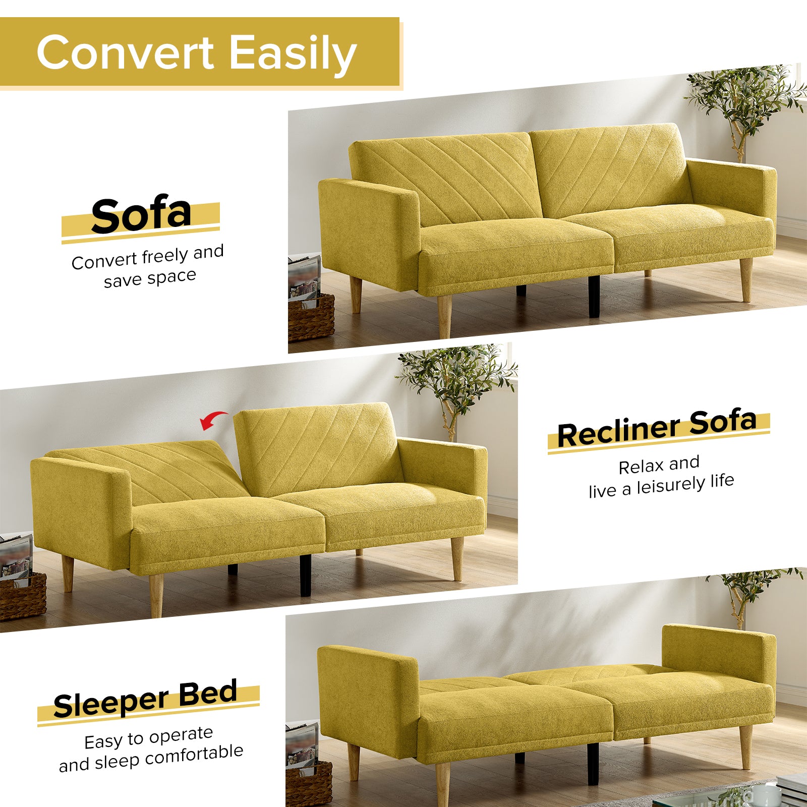Multi Functional Futon Sofa Bed :Tapered Wood Legs Ideal For Small Living Rooms Multi Color Fabric Options Easily Converts To Single Bed, Yellow Yellow Velvet Wood Primary Living Space Medium Soft Mid Century Modern Square Arms Memory Foam Snowflake