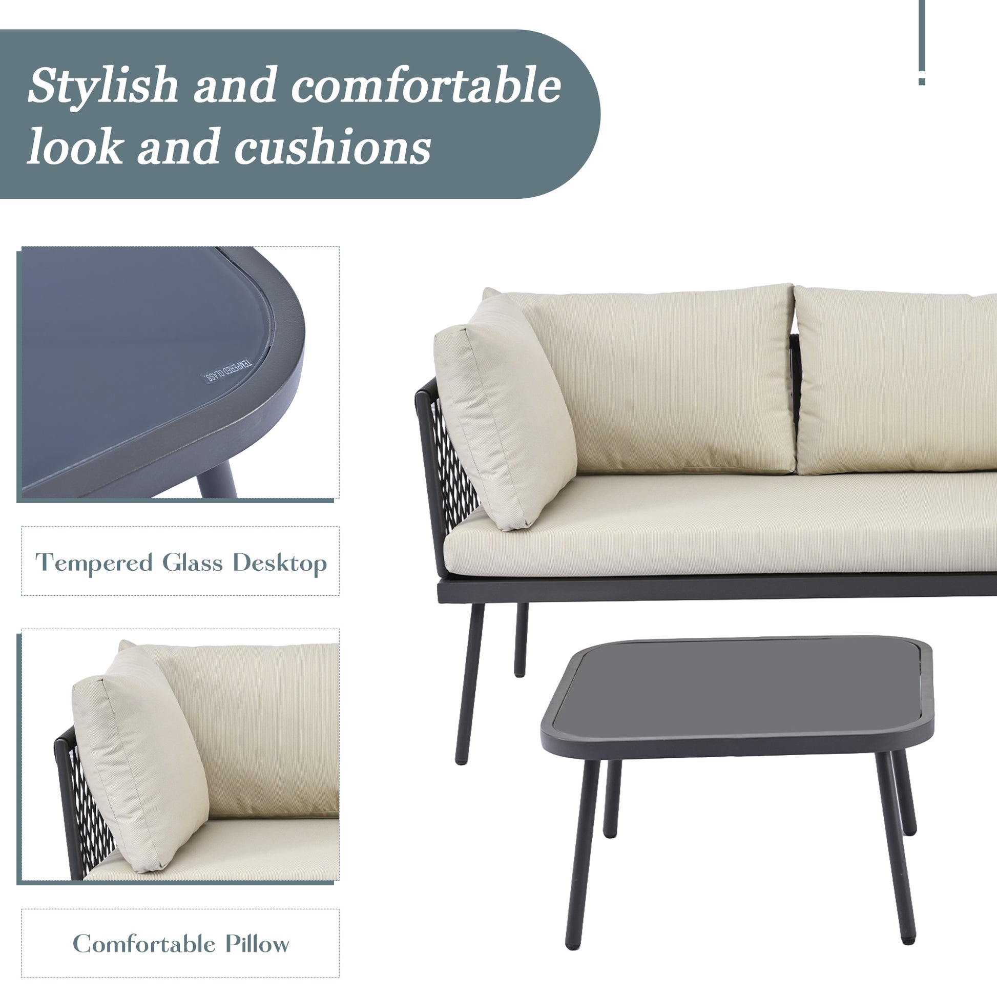 Modern Outdoor 3 Piece Pe Rattan Sofa Set All Weather Patio Metal Sectional Furniture Set With Cushions And Glass Table For Backyard, Poolside, Garden,Black,L Shaped Yes Sectional Black Seats 4 Weather Resistant Frame Water Resistant Cushion Garden &