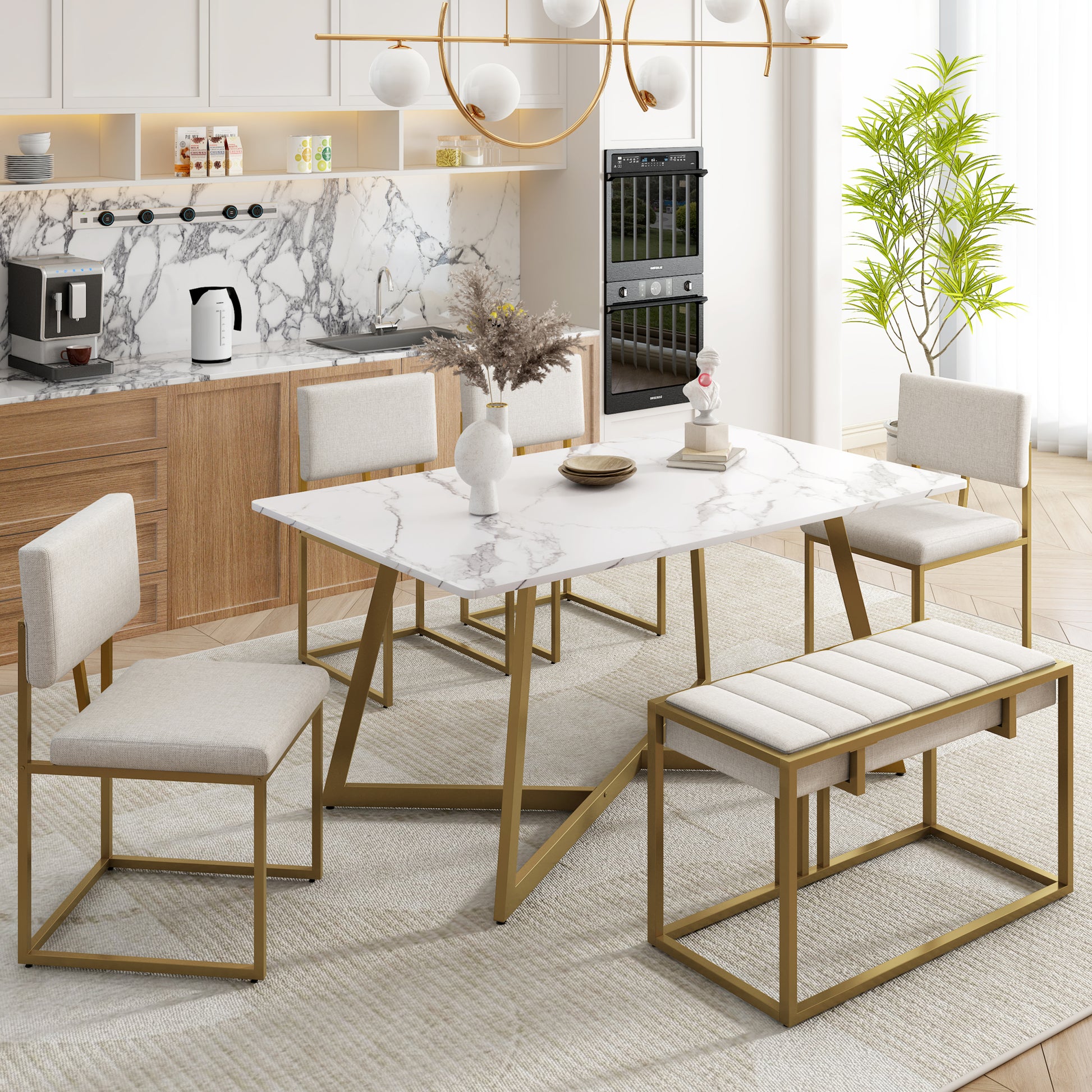 Modern Faux Marble 6 Piece Dining Table Set,60Inch Metal Kitchen Table Set With Upholstered Dining Chairs And Bench, Golden Metal Dining Room Bench Seating Rectangular Dining Table With Chair And Bench Metal Wood Golden Seats 6 60 Inches Farmhouse
