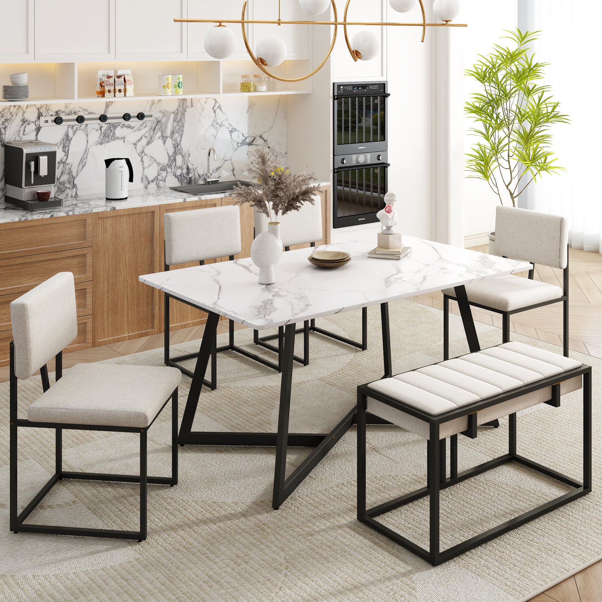 Modern Faux Marble 6 Piece Dining Table Set,60Inch Metal Kitchen Table Set With Upholstered Dining Chairs And Bench, Black Metal Dining Room Bench Seating Rectangular Dining Table With Chair And Bench Metal Wood Black Seats 6 60 Inches Farmhouse Trestle