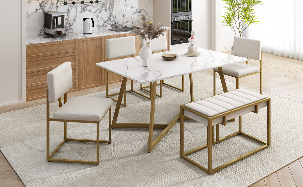 Modern Faux Marble 6 Piece Dining Table Set,60Inch Metal Kitchen Table Set With Upholstered Dining Chairs And Bench, Golden Metal Dining Room Bench Seating Rectangular Dining Table With Chair And Bench Metal Wood Golden Seats 6 60 Inches Farmhouse