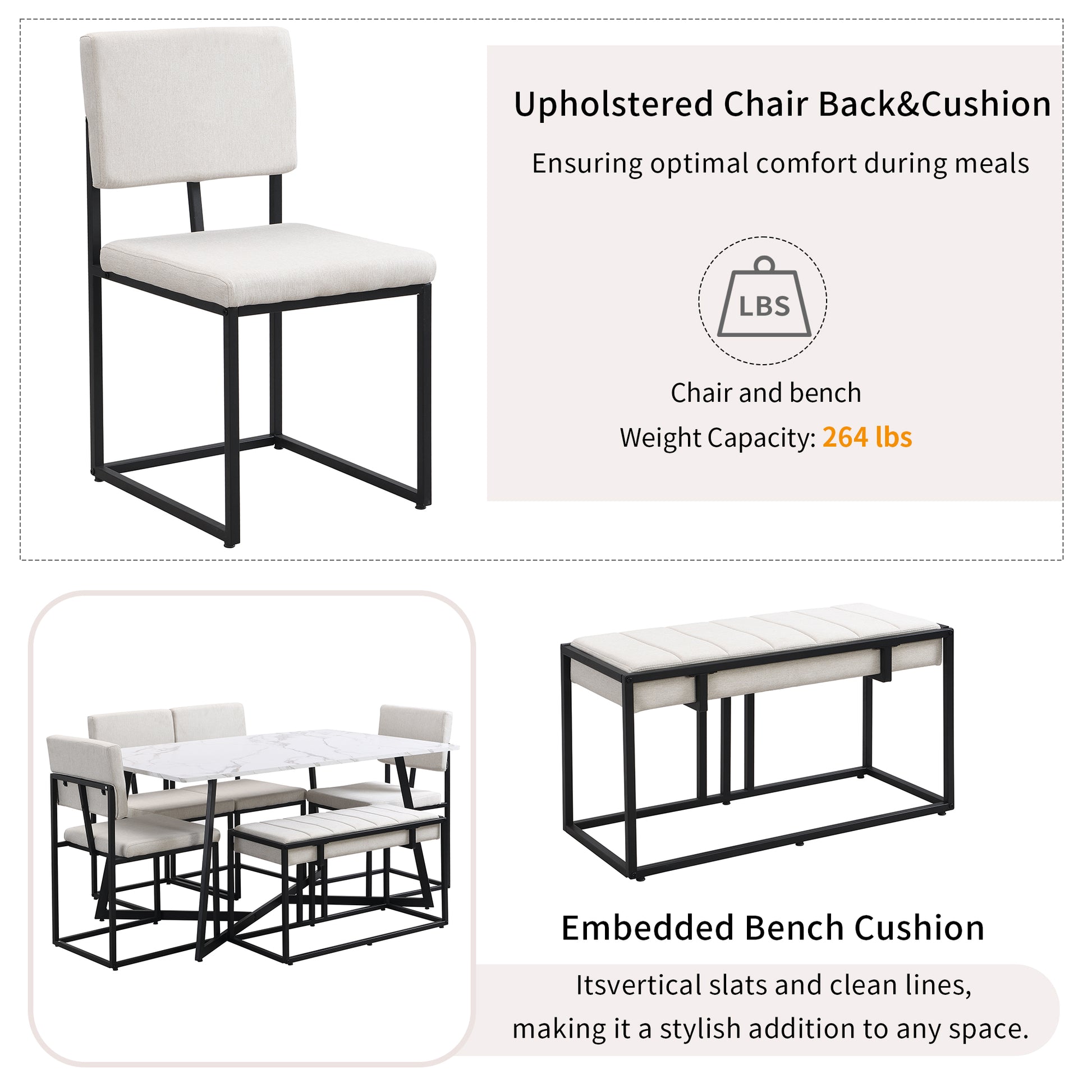 Modern Faux Marble 6 Piece Dining Table Set,60Inch Metal Kitchen Table Set With Upholstered Dining Chairs And Bench, Black Metal Dining Room Bench Seating Rectangular Dining Table With Chair And Bench Metal Wood Black Seats 6 60 Inches Farmhouse Trestle