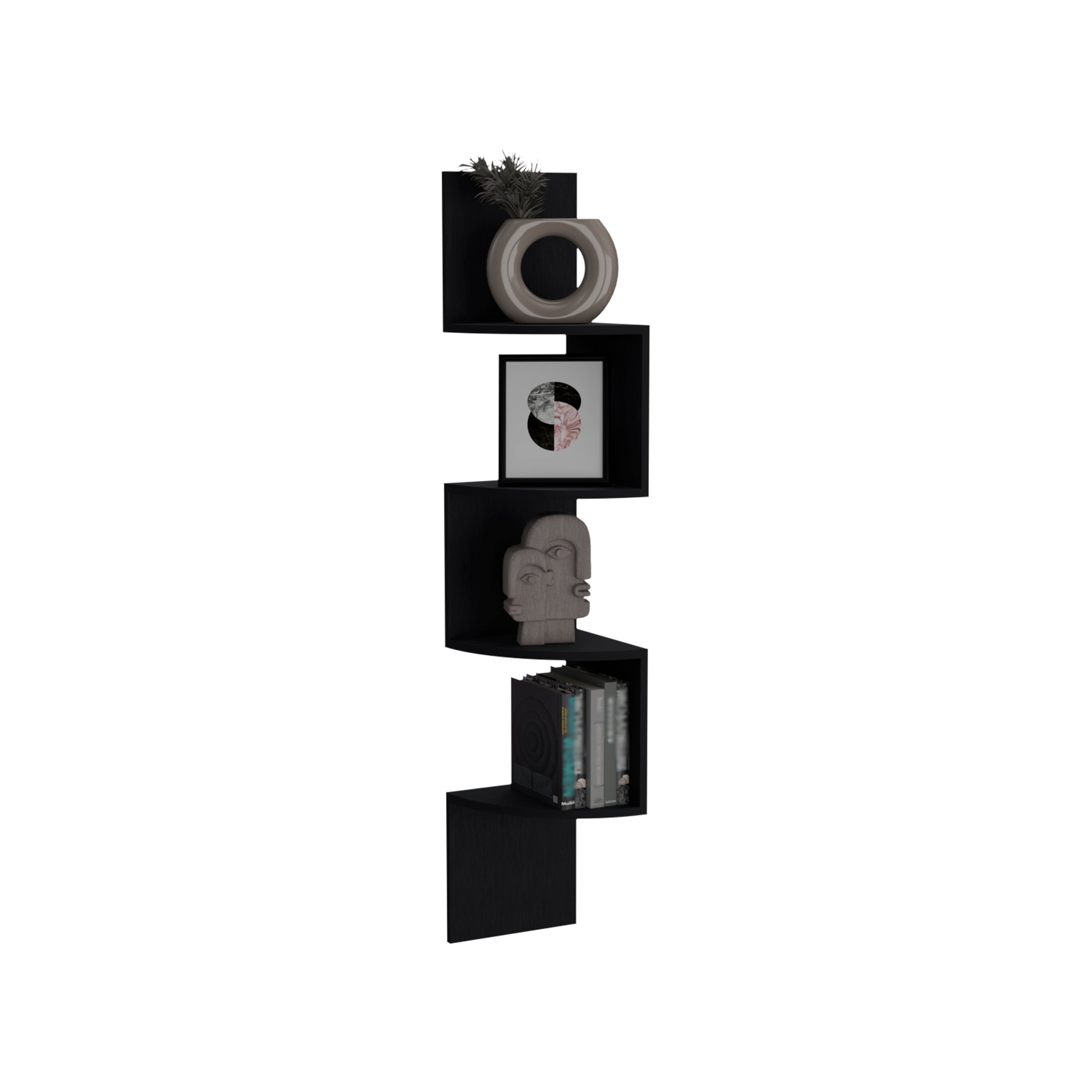Rosset Corner Shelf, Modern Full Wall Design With Multiple Shelving Black Primary Living Space Modern Mdf Engineered Wood