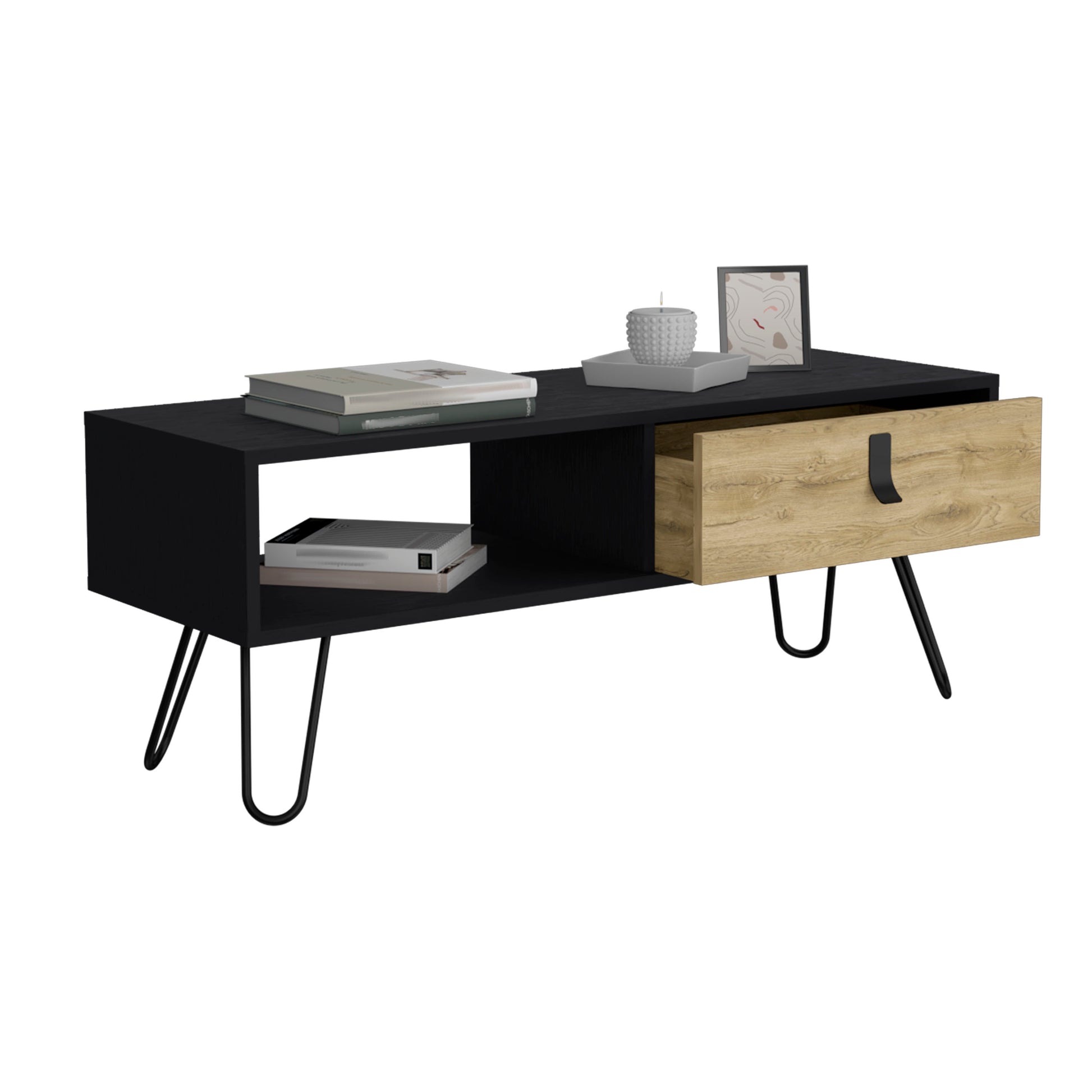 Huna Coffee Table With Hairpin Legs And Large Storage Drawer Multicolor Desk Top Primary Living Space Modern Manual Rectangular Shelves Coffee & End Tables Rectangular Mdf Engineered Wood