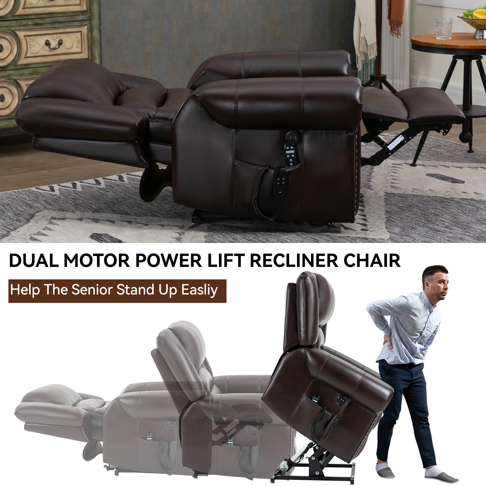 Power Lift Recliner Chair Heat Massage Dual Motor Infinite Position Up To 350 Lbs, Faux Leather, Heavy Duty Motion Mechanism With Usb Ports, Brown White Metal Primary Living Space Heavy Duty Pine Antique Brown Faux Leather Power Remote Medium Firm Pillow
