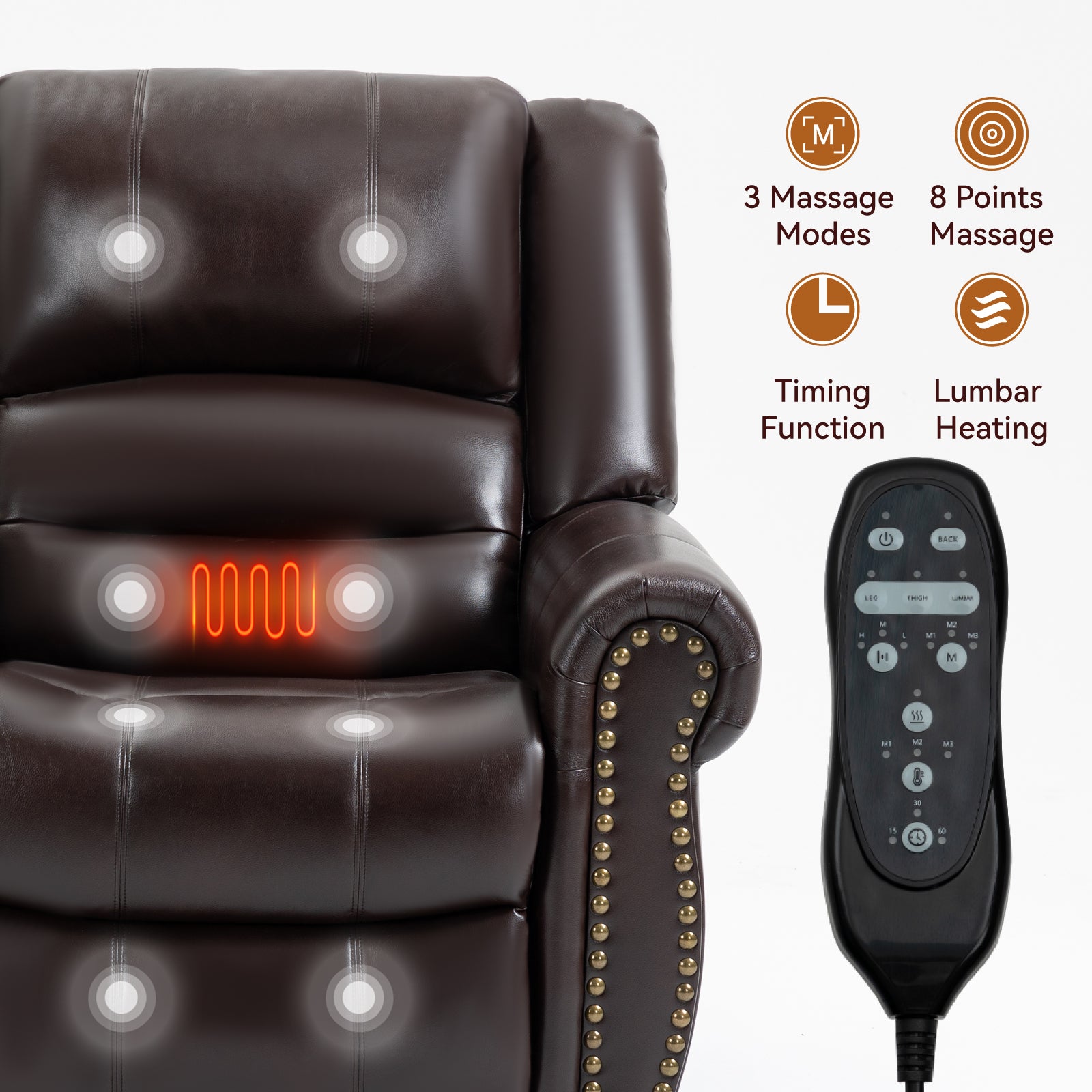 Power Lift Recliner Chair Heat Massage Dual Motor Infinite Position Up To 350 Lbs, Faux Leather, Heavy Duty Motion Mechanism With Usb Ports, Brown White Metal Primary Living Space Heavy Duty Pine Antique Brown Faux Leather Power Remote Medium Firm Pillow
